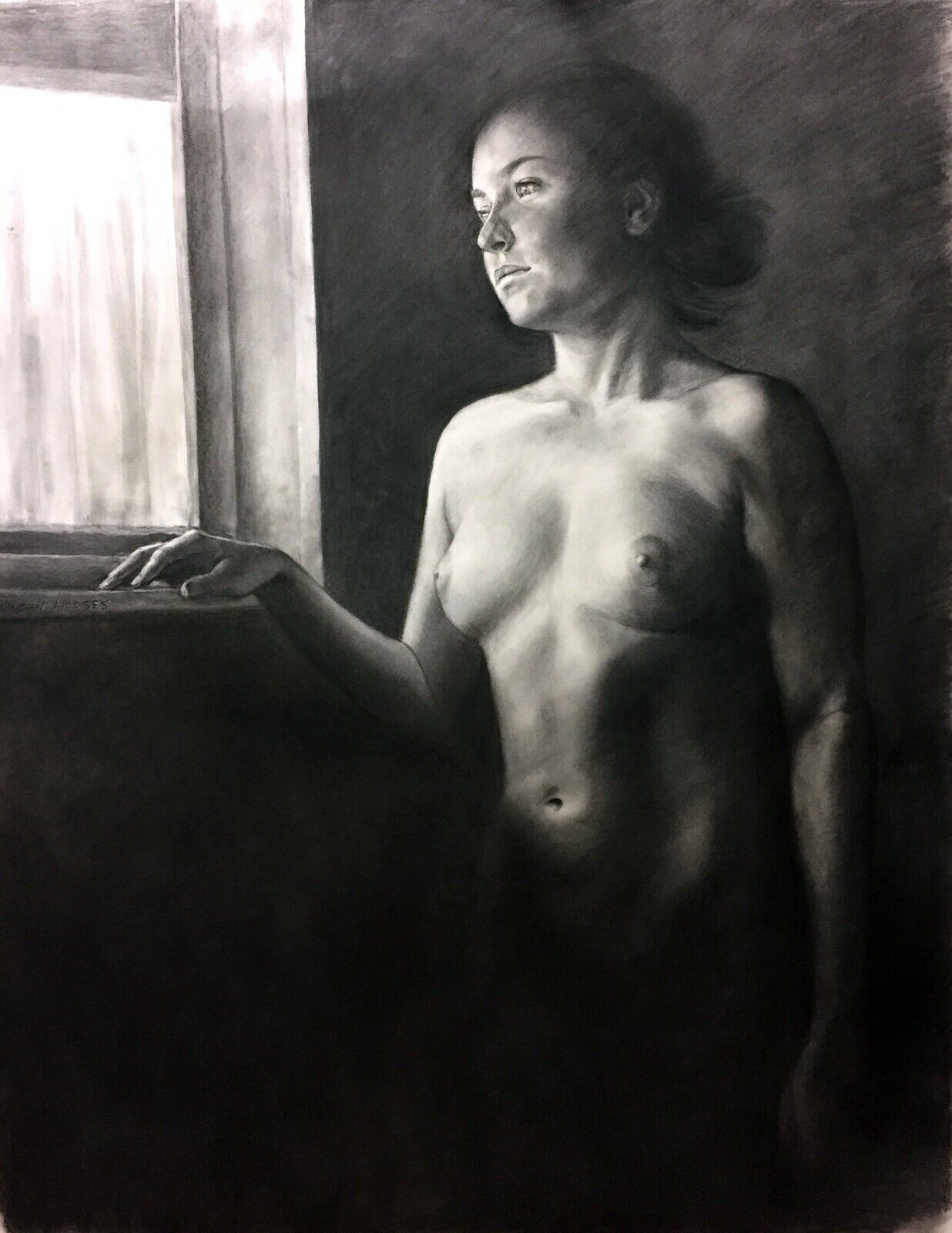 Hawaii Charcoal Nude Painting "Waiting by the Window" by Snowden Hodges (Sho)