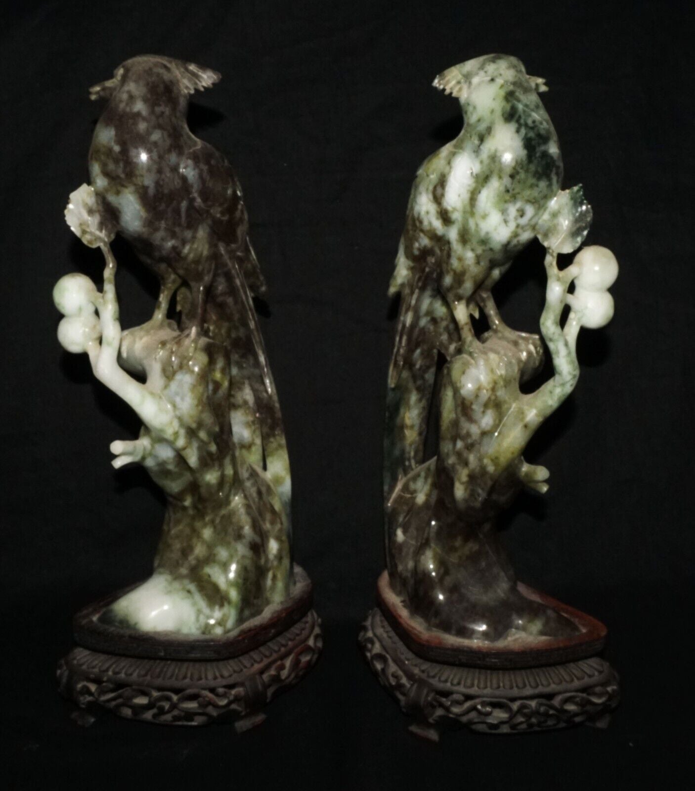 Pair Vintage Chinese Mottled Black Jadeite Jade Carvings Exotic Birds (LeD)