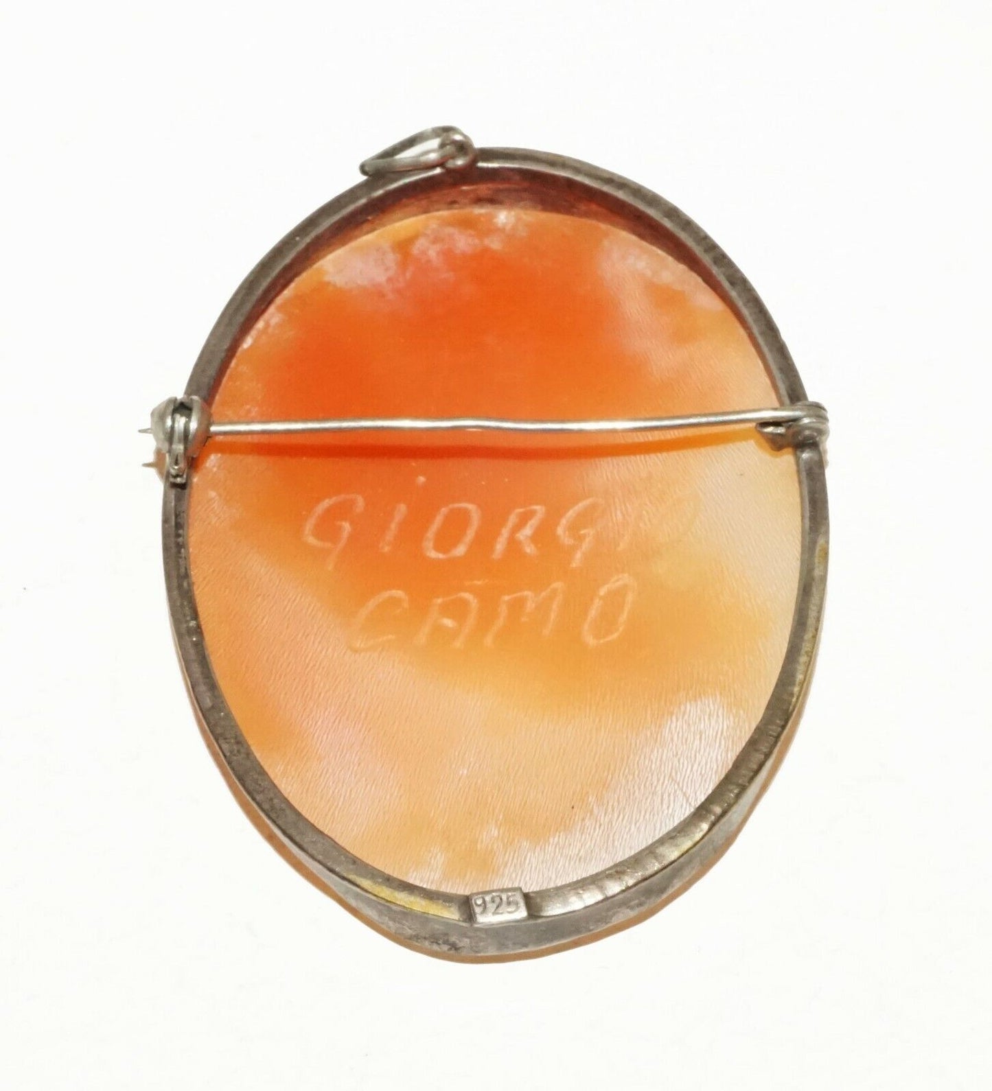 Italian Sterling Silver Shell Cameo Brooch Pendant w. Female by Giorgio (BrM)#9