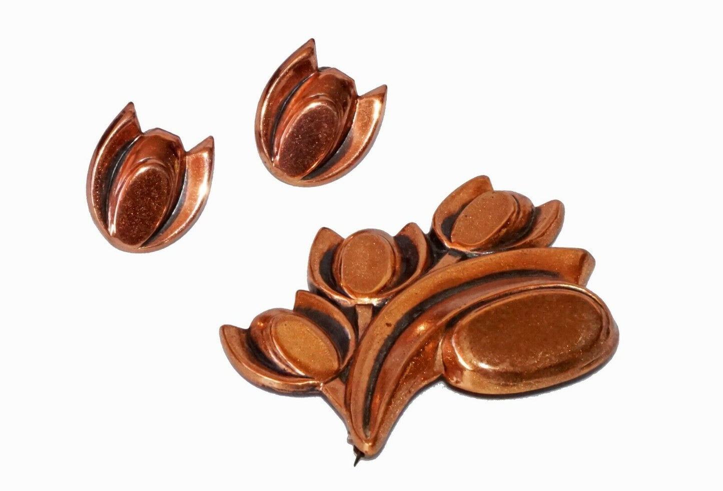 3Pc1950s Copper Tulip Motif Brooch Pin & Ear Clips Set by Renoir (Hod)