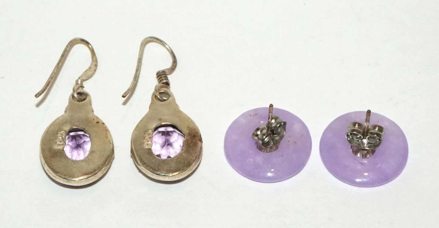 2xPairs Modern Silver Earrings w. Amethysts and Lavender Jade & CZ (HaL)#24