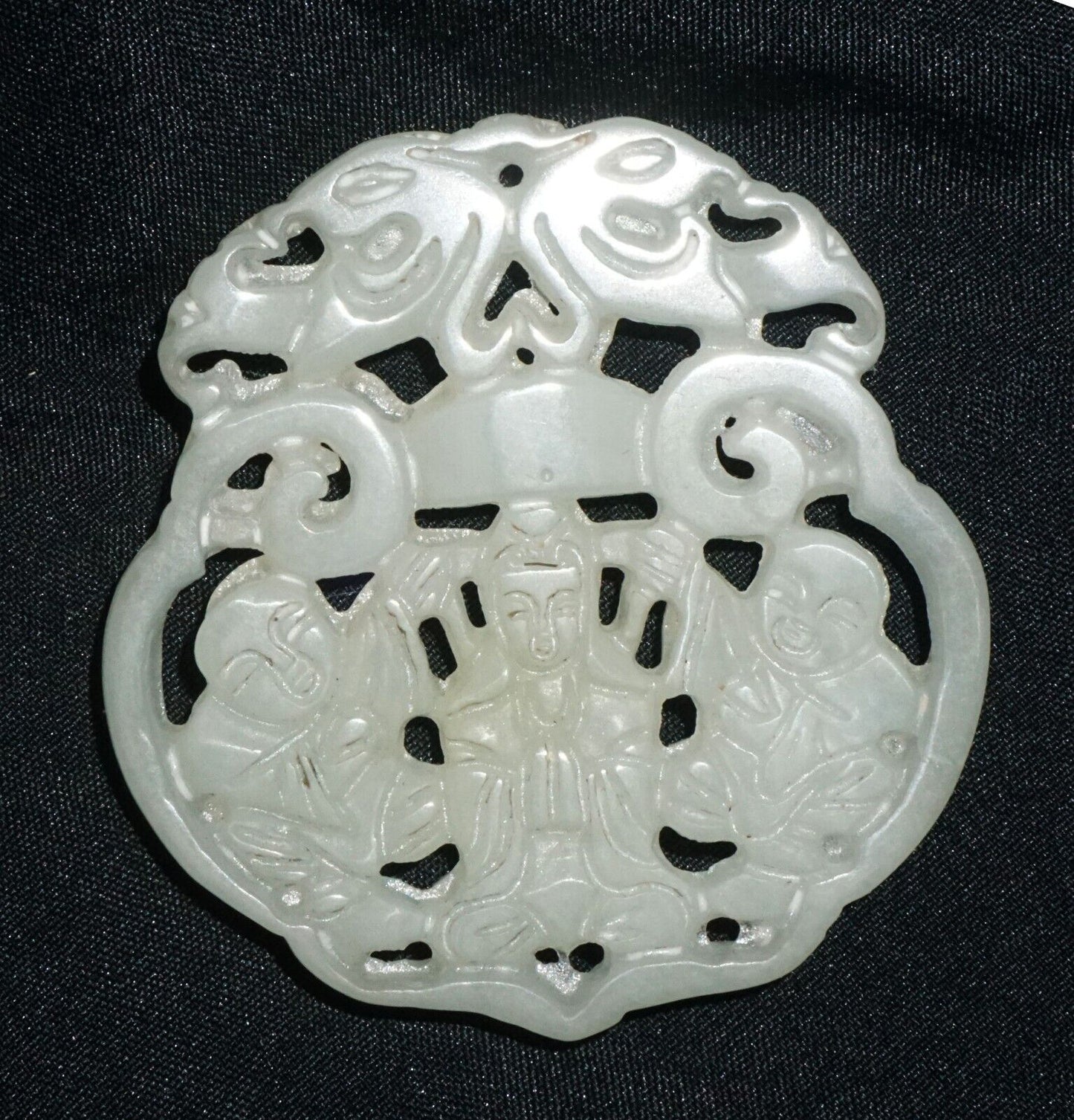 Antique Chinese Nephrite Jade Pierced Pendant Kwan Yin & Twin & Bat Motifs (---)