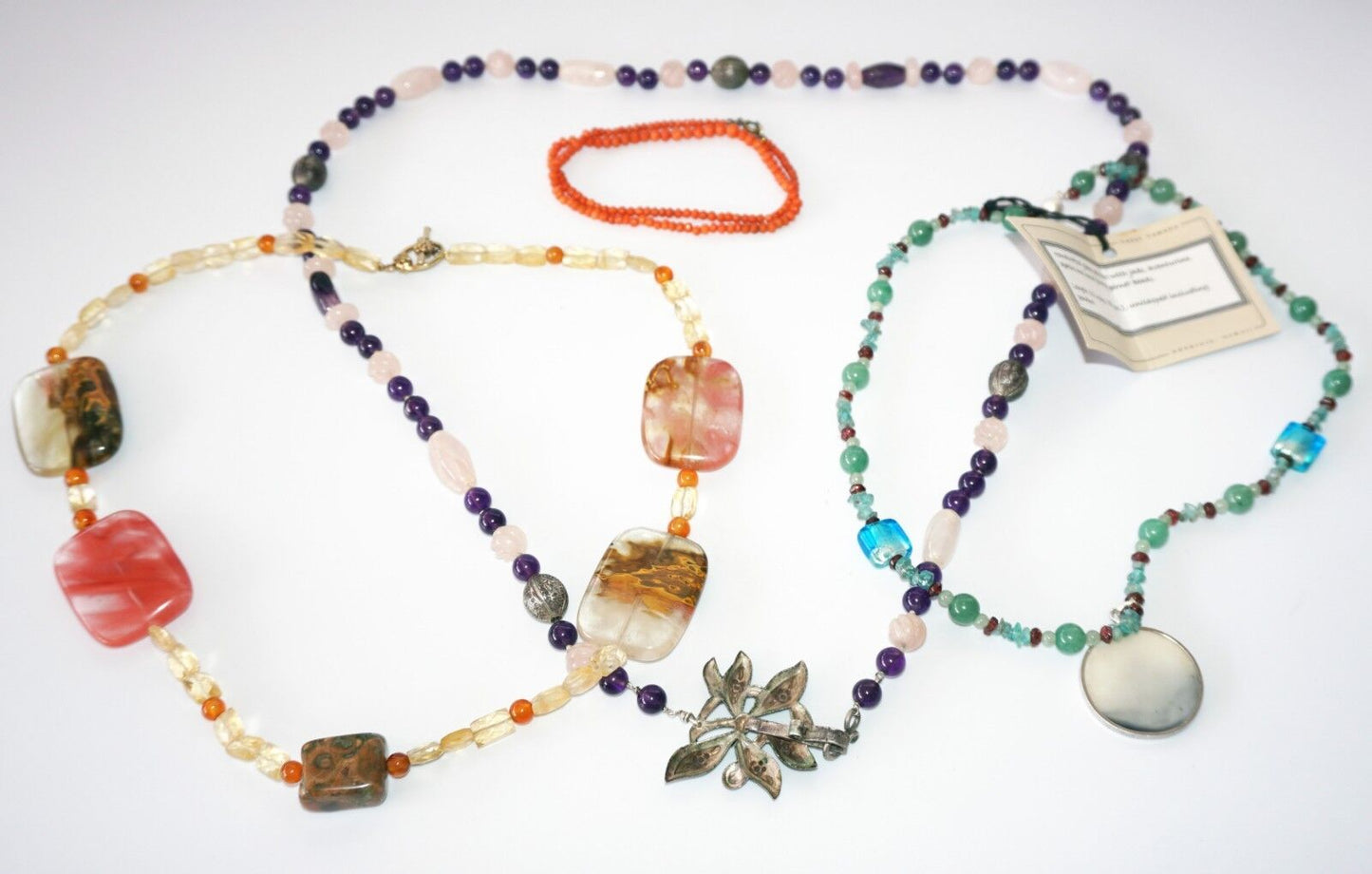 4x Chinese Mixed Bead Necklaces w Jade, Coral, Amethyst by Yasue Yamada (Yam)#11