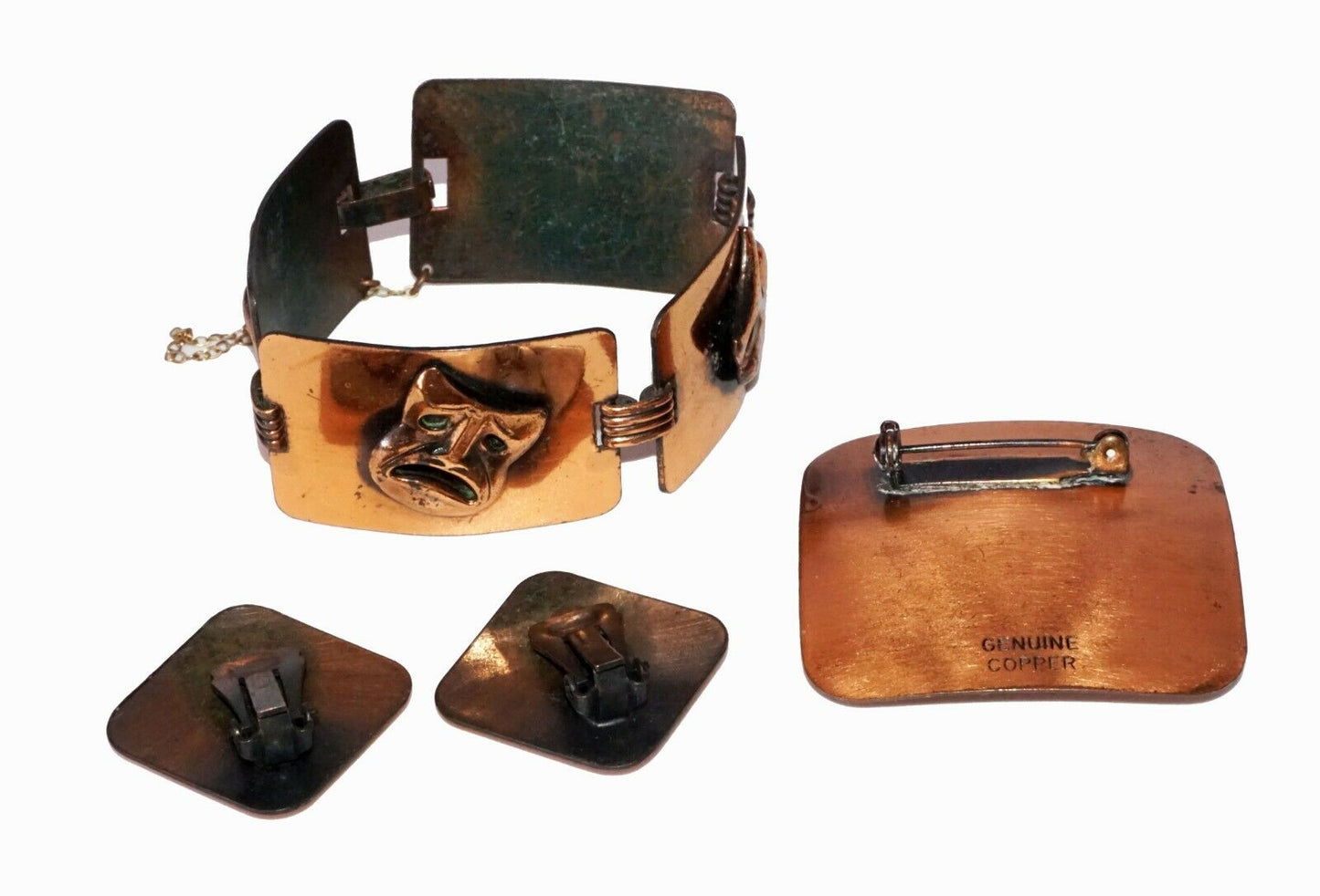 4Pc 50s US Genuine Copper Tragedy Mask Motif Bracelet, Ear Clips & Brooch (Hod)