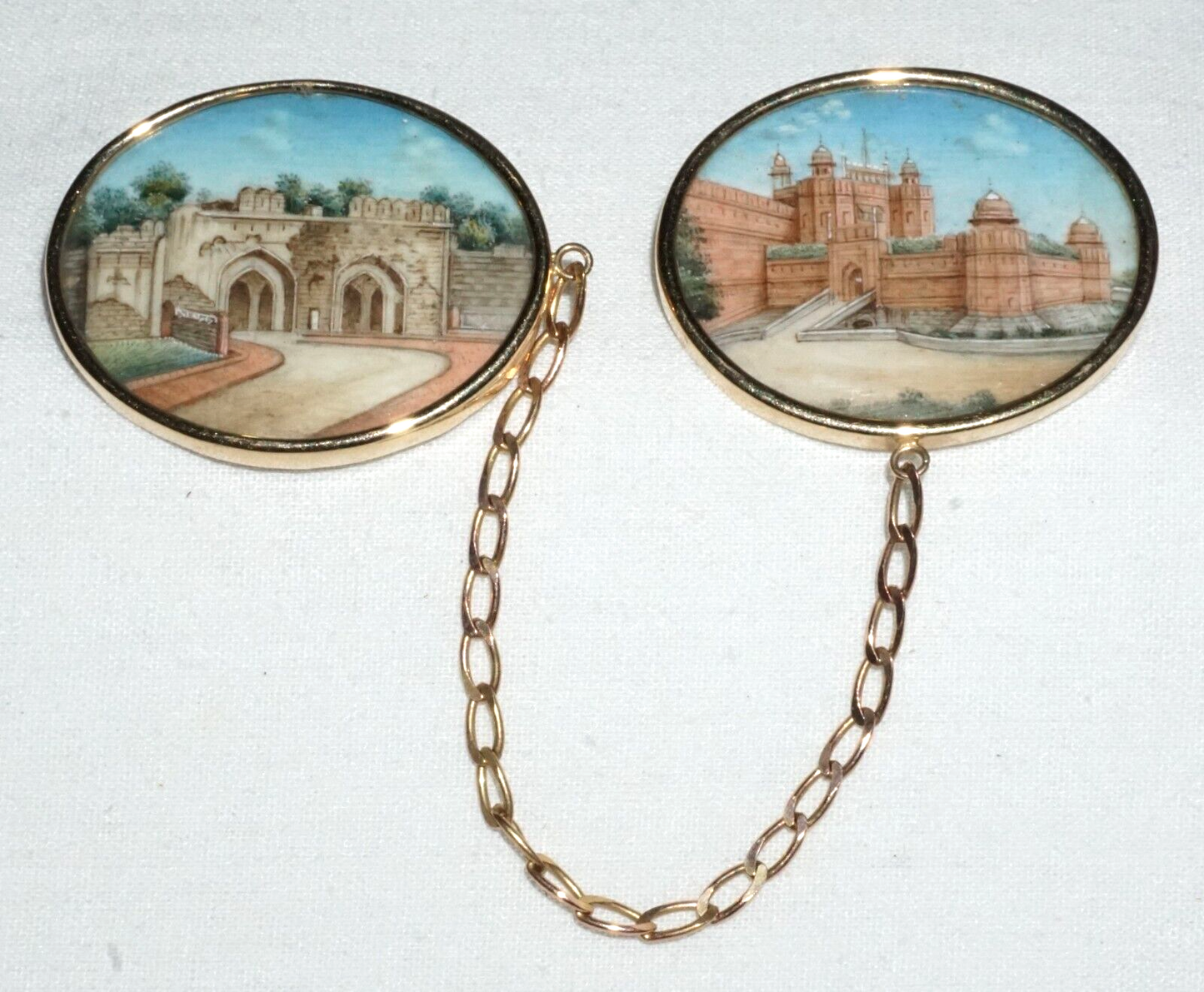 Antique 14k Yellow Gold Oval Painted Plaque w. Castle Motif Double Brooch (GeB)6