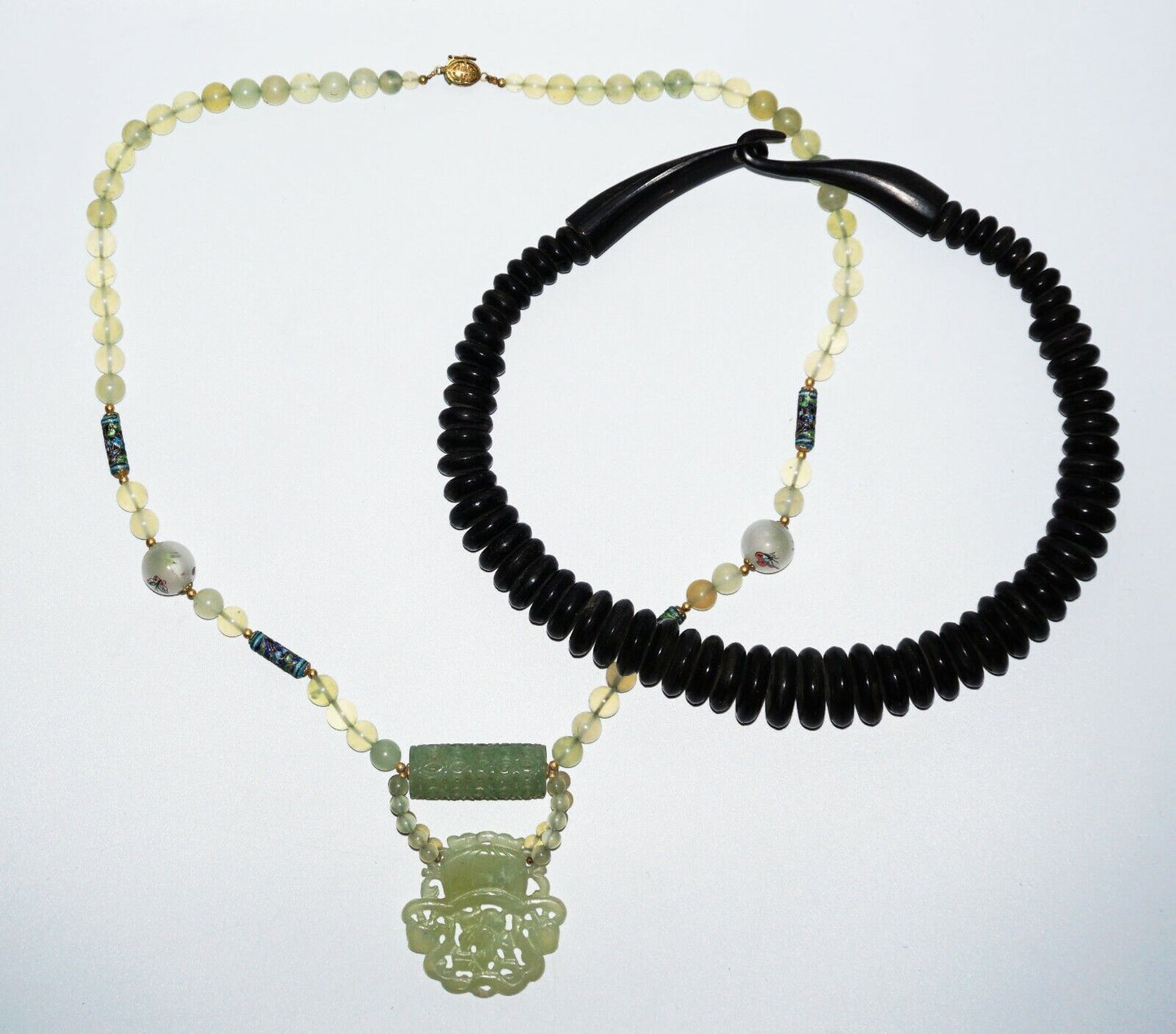 2x Vintage Chinese Horn & Hard-stone & Glass Bead Necklace w. Pendant (NoN)C2