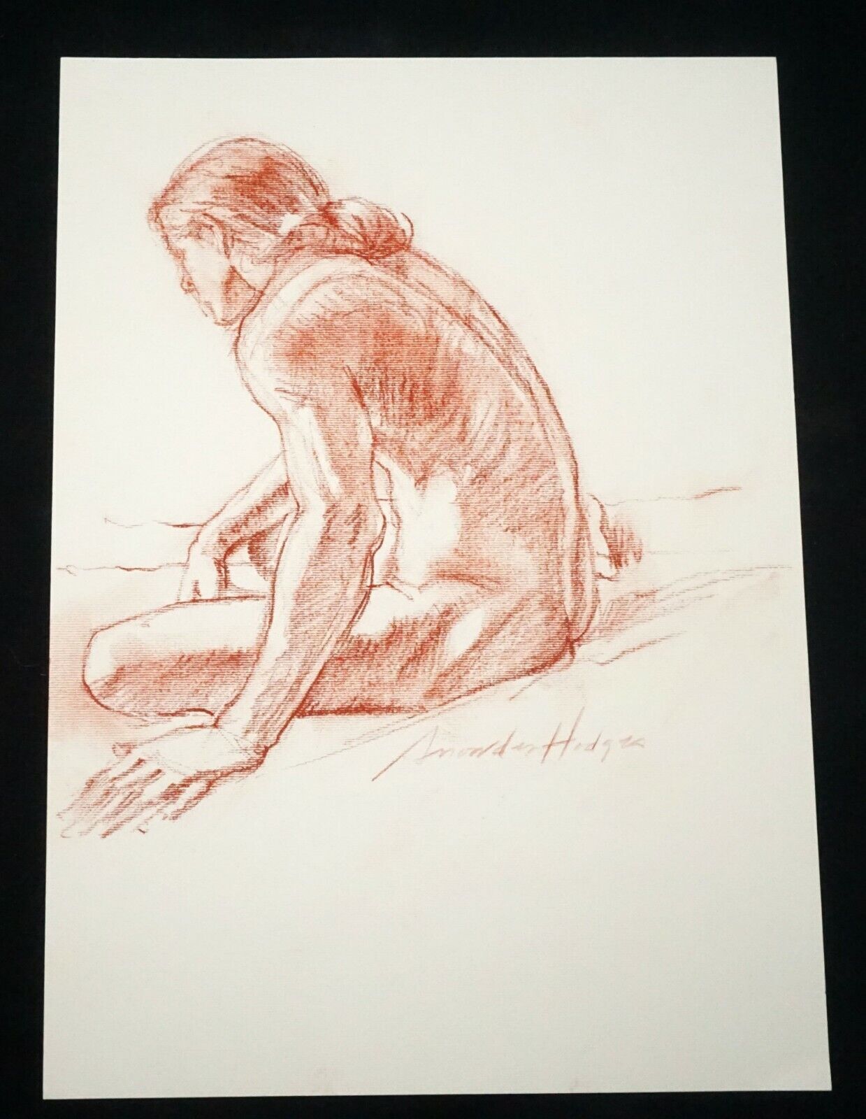 Hawaii Conte Crayon Drawing Seated Male Nude Back View Snowden Hodges (Sho)#40