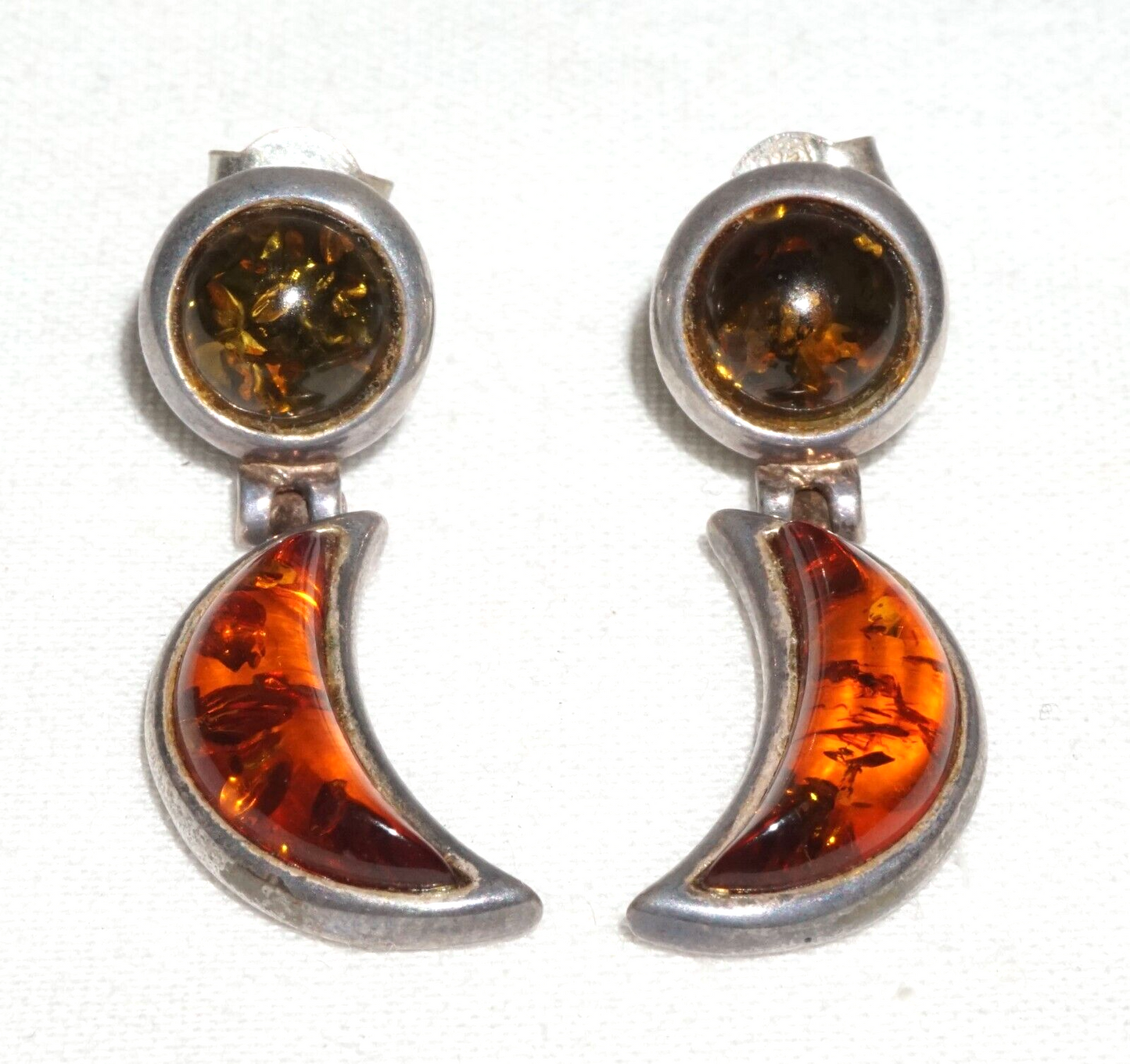Pair Vintage Sterling Silver & Amber Hinged Dangle Earrings (JoD)