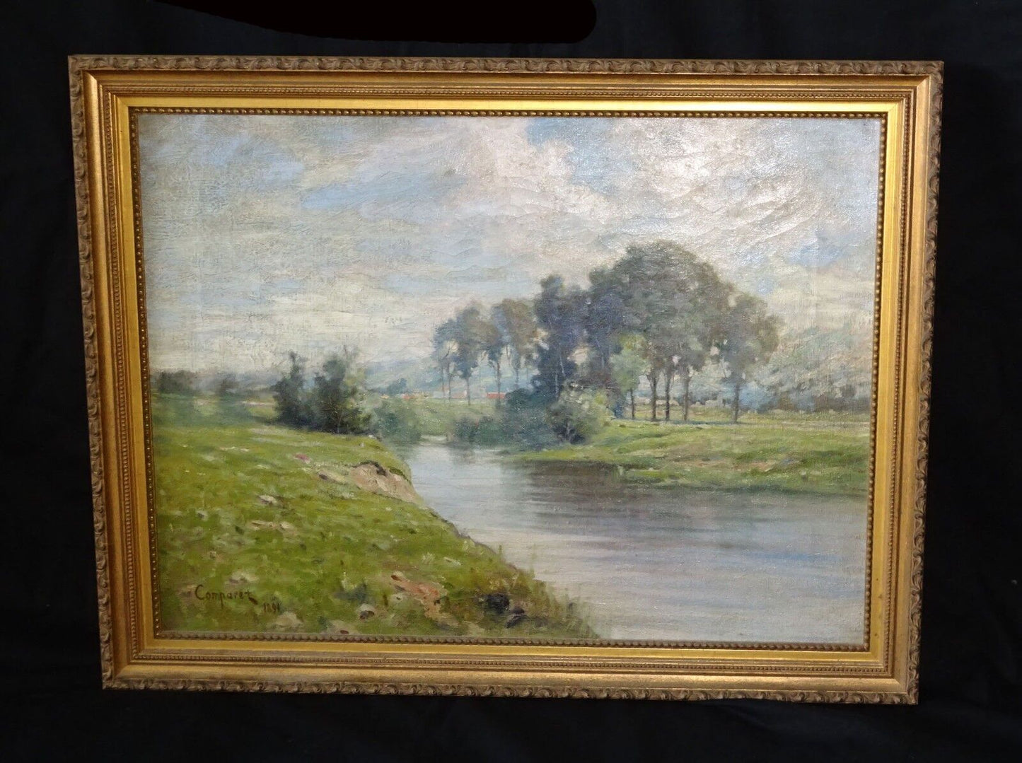 1891 Colorado Oil Painting "River Landscape" by Alexis Comparet 1856-1906 (Leh)