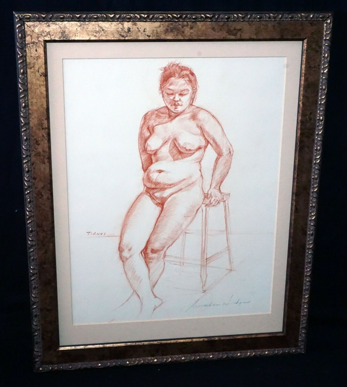 Hawaii Framed Conte Drawing Standing Female Nude Tianni by Snowden Hodges (Sho)