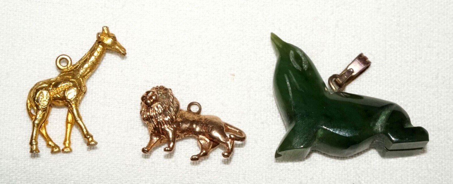 3Pc US UK 9k/14k Gold & Jade Animal Charms Giraffe, Lion, Sea Lion (KoS) L23