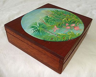 1980s Haitian Mahogany Covered Box w Painted Pelican Motif by R. Dupiton (Stea)