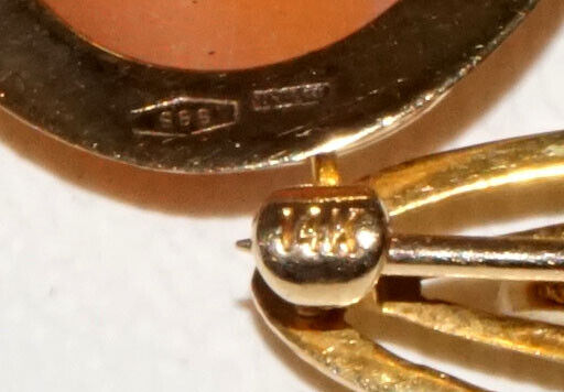 2x Vintage Italian 14K Yellow Gold Mini Shell Cameo Brooch Pins (Flf)