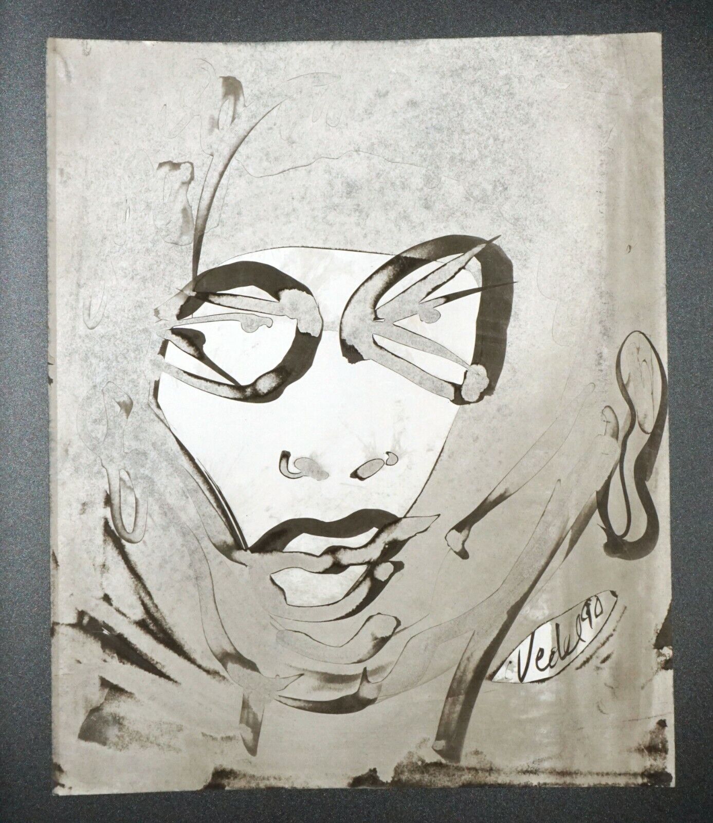 France Hawaii Outsider Art Ink Wash Painting Portrait by Claude Vedel (EtJ)#27