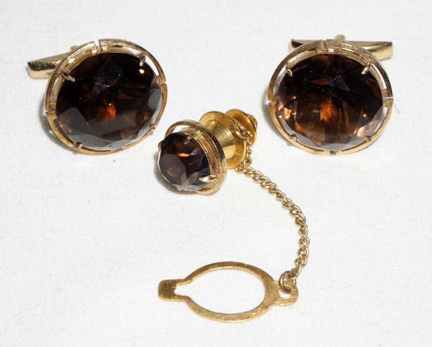 3Pc Vintage Gold Plated Silver Cufflinks & Tie Tack w. 3x Smokey Quartz (---)