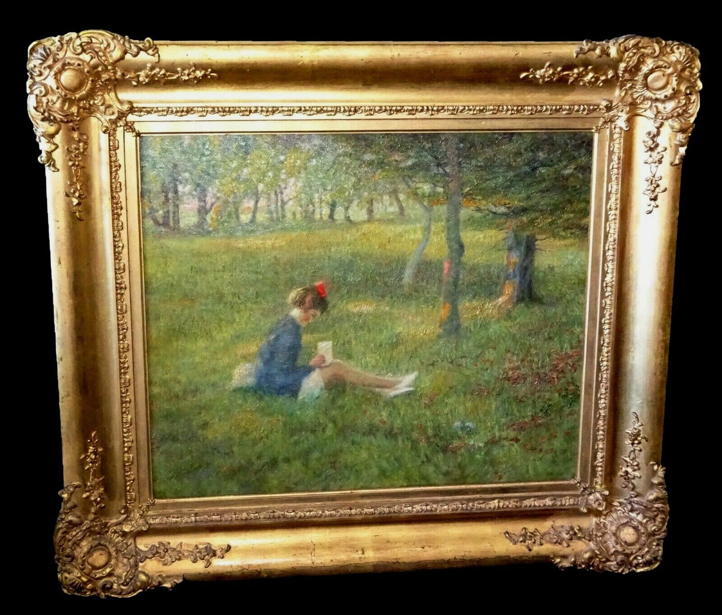 1910s Gilt Framed Oil Painting "Girl in the Meadow" by Emmet Owen Smith (Yir)