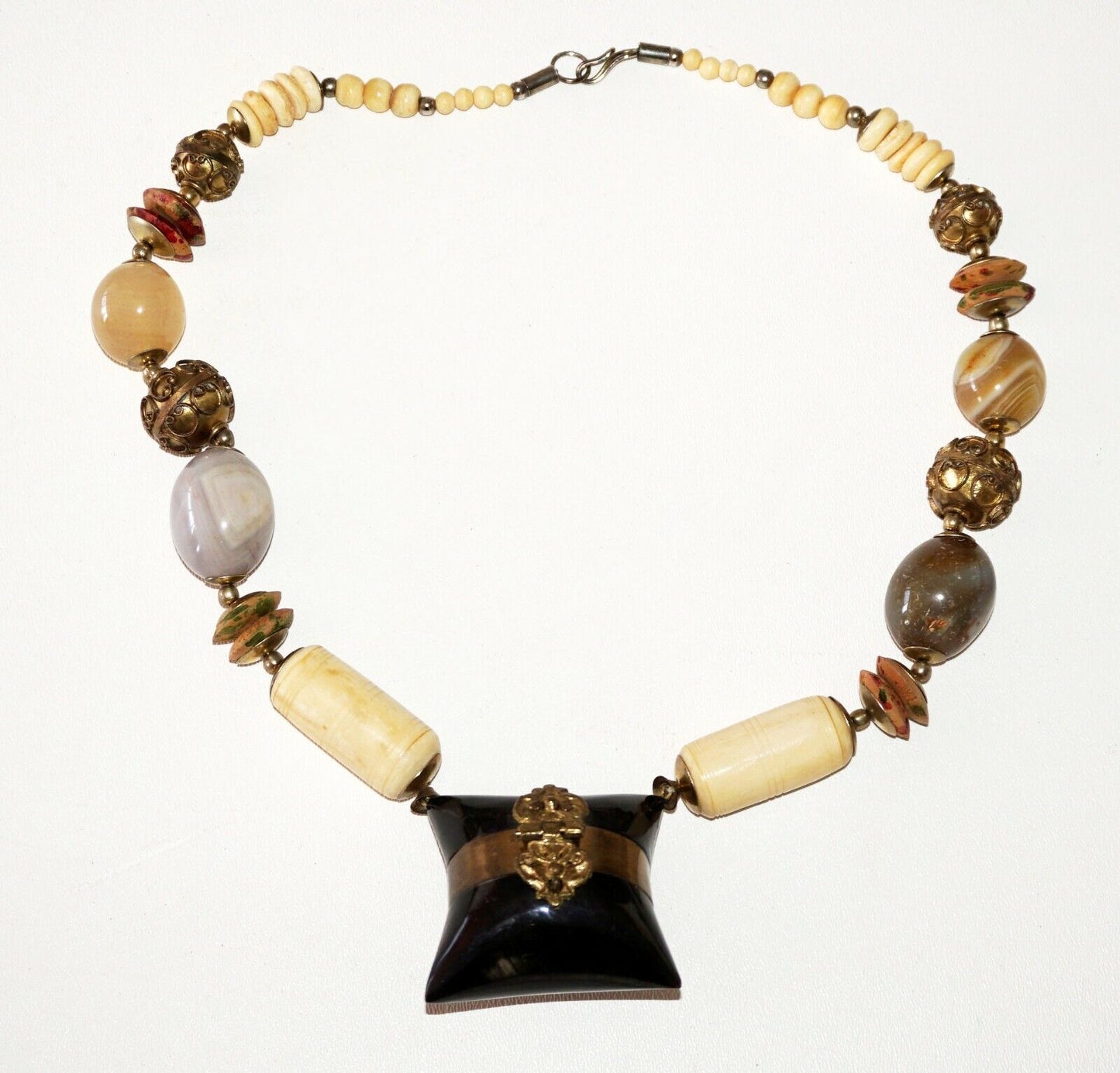 Modernist Bone Stone Brass Bead Necklace w. Resin Pillow Locket Pendant (Bsg)#39