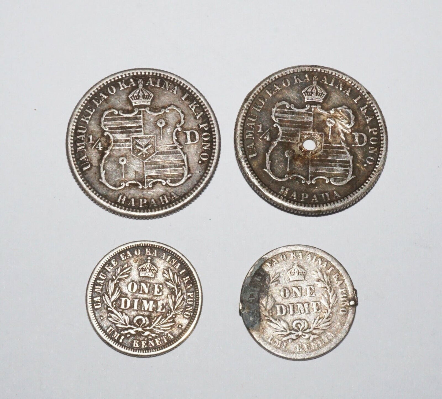 4x 1883 Hawaii Silver Quarter Dollar Hapaha & 10 Cents 1x Dime Kalakaua (Amy)