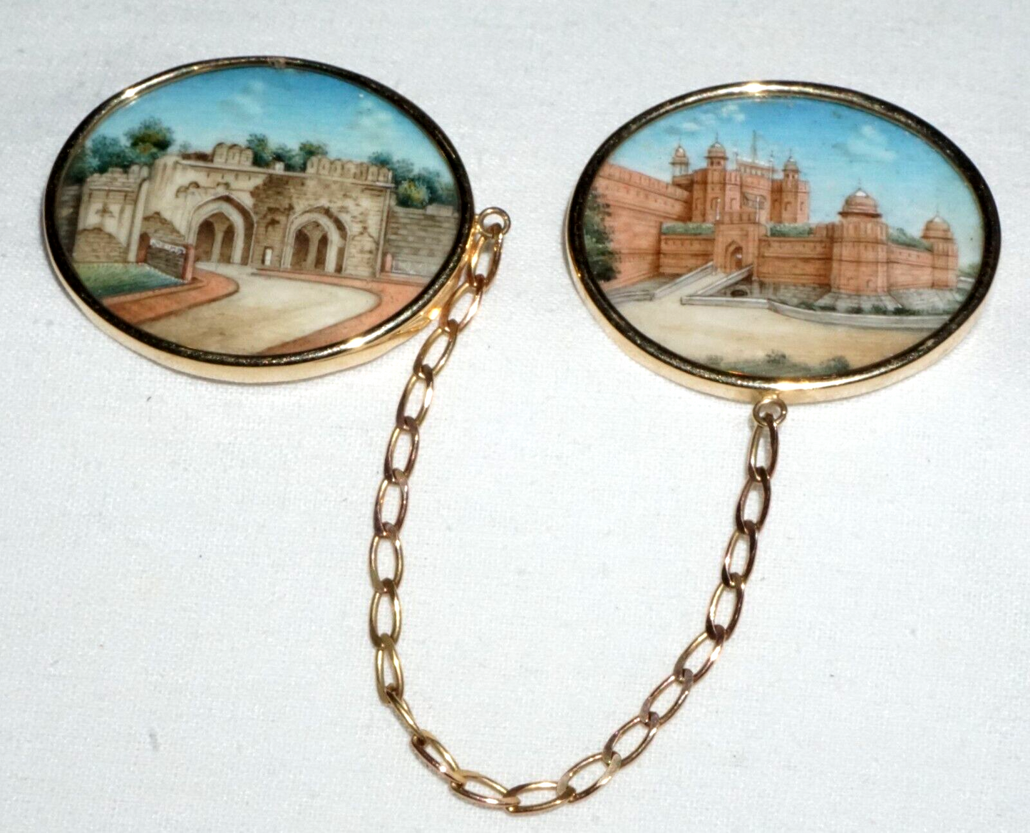 Antique 14k Yellow Gold Oval Painted Plaque w. Castle Motif Double Brooch (GeB)6