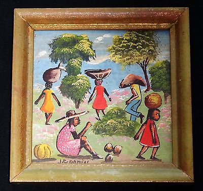 1980's Haitian Acrylic Miniature Painting "Harvest People" by J.C. Damias (Stea)
