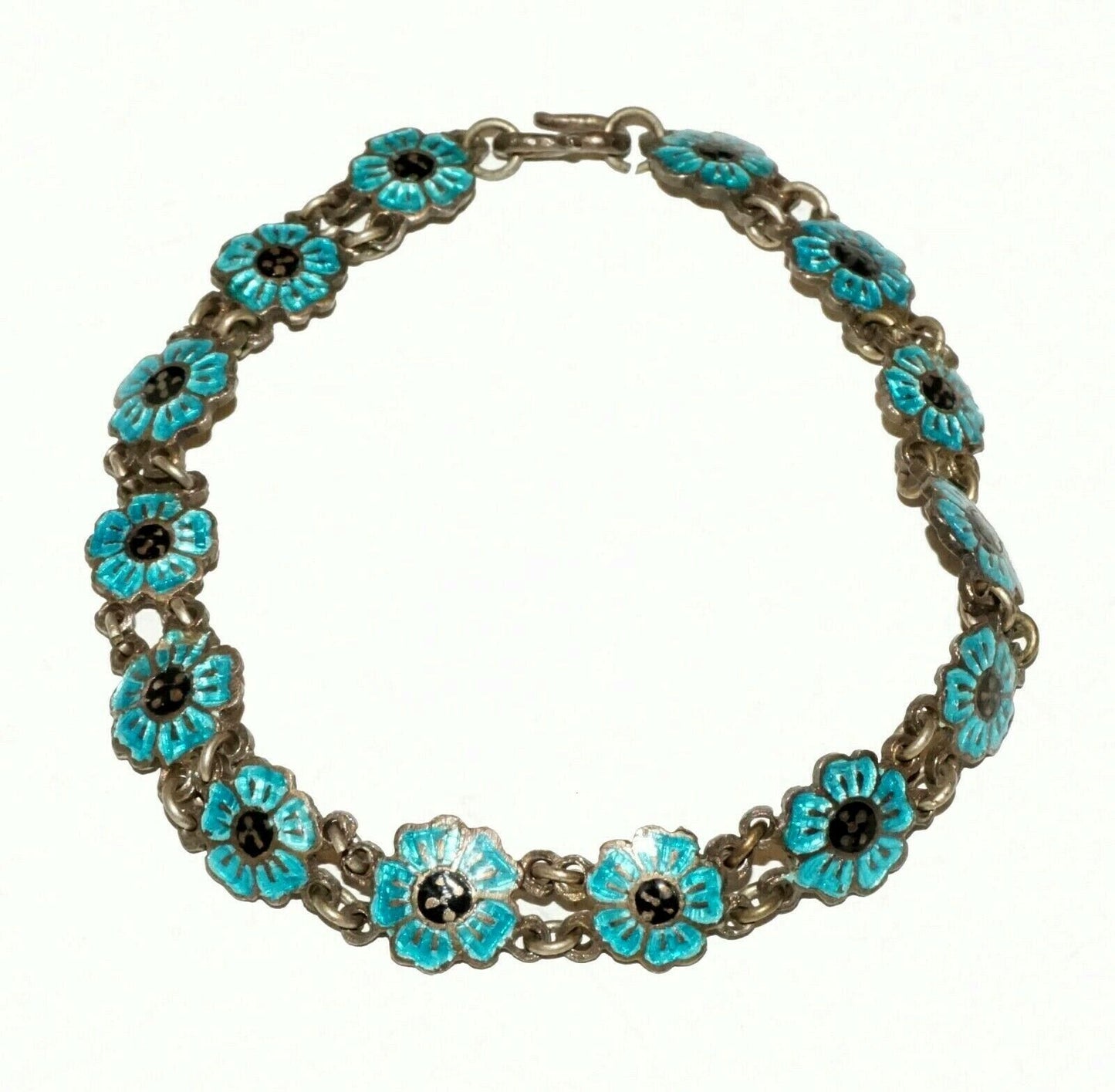 Chinese Brass & Blue Enamel Flower Motif Link Bracelet (BrM)#6