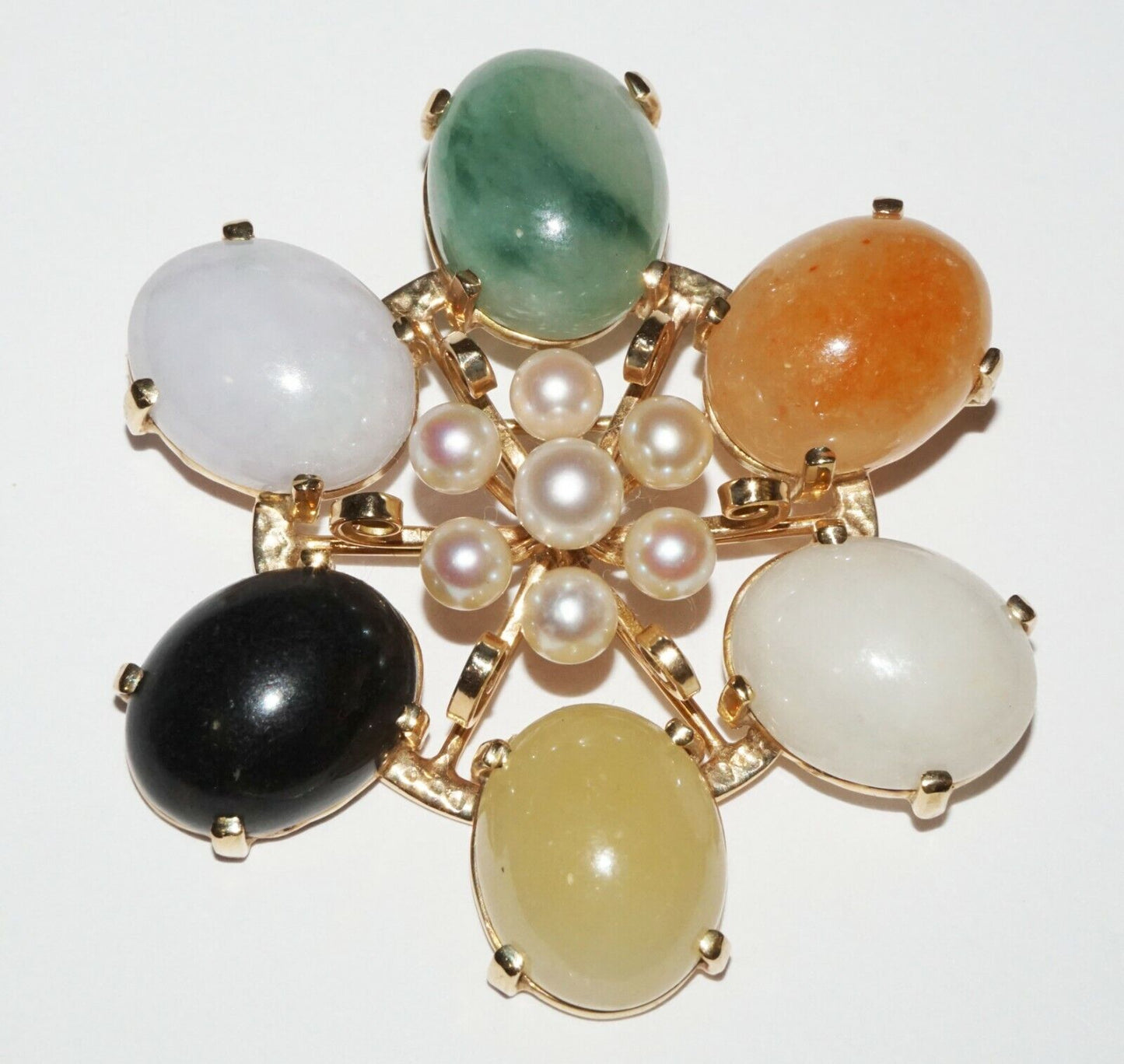 Chinese 14k Yellow Gold Brooch 5+1x Multicolor Jades & 7x Pearls Ming's (NaD)#6a