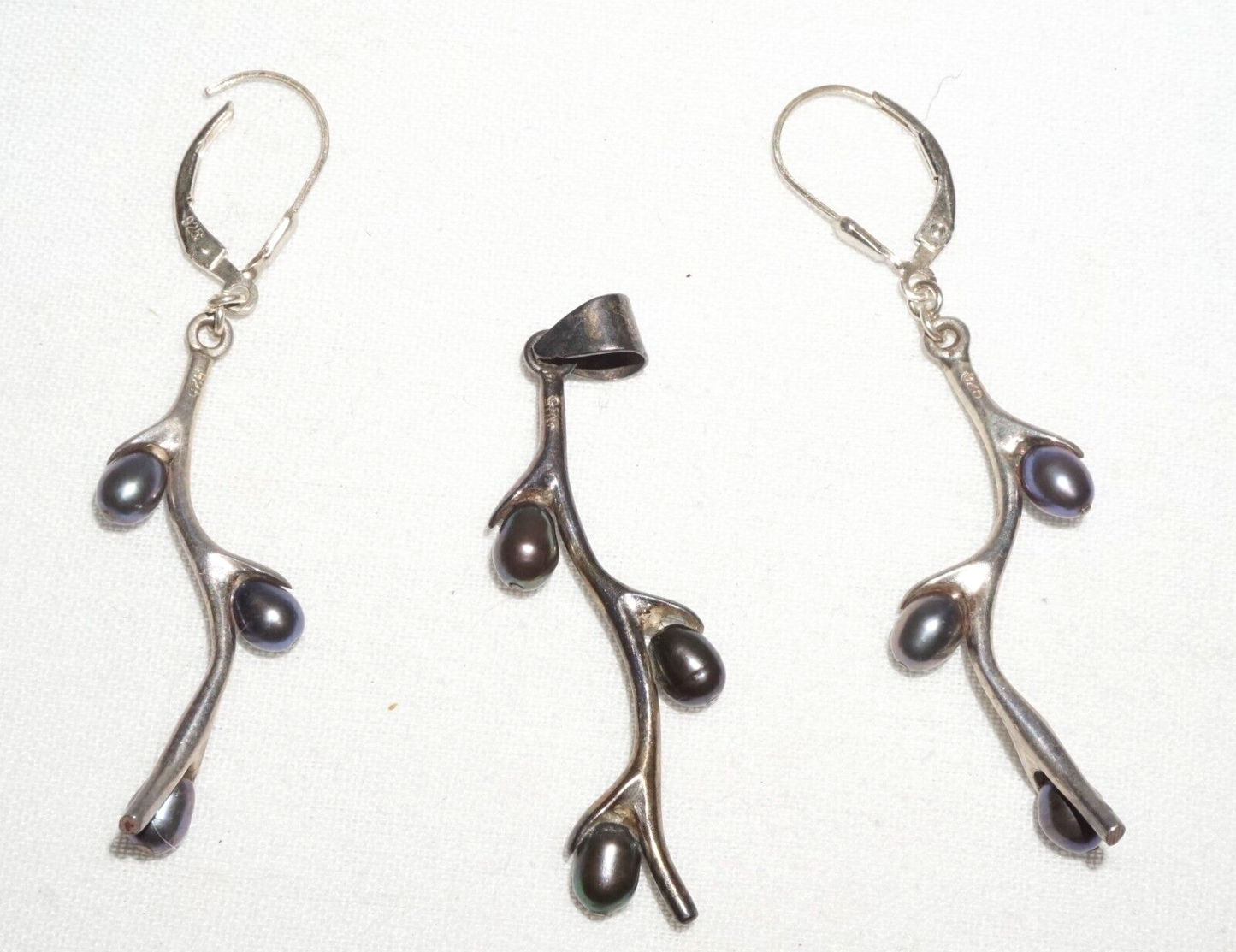 3Pc Vtg Sterling Silver & Grey Pearl Branch Motif Earrings & Pendant set (JoD)