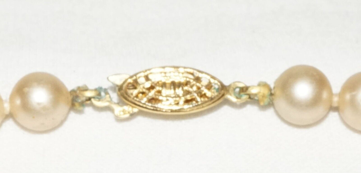 Vintage Faux Pearl Necklace w. Gold Plated Silver Filigree Clasp (InS)L5 1st