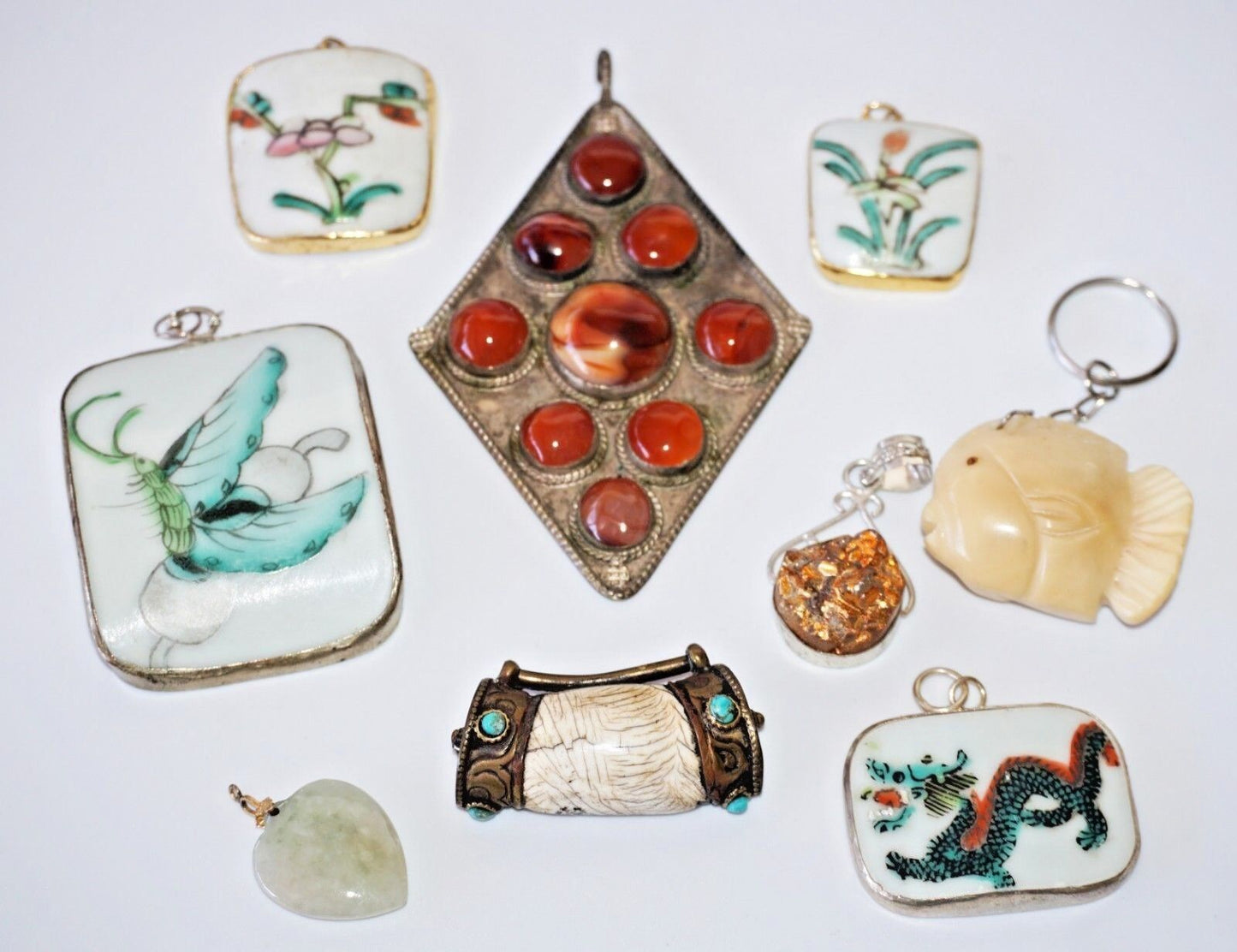 9x Vintage & Antique Oriental Silver Chard & Jade Mixed Pendant Lot (Yam)#18