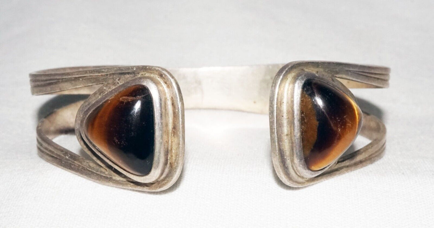 Vintage Swedish Modernist Sterling Silver Cuff Bracelet w. 2x Tigereye (ShI)