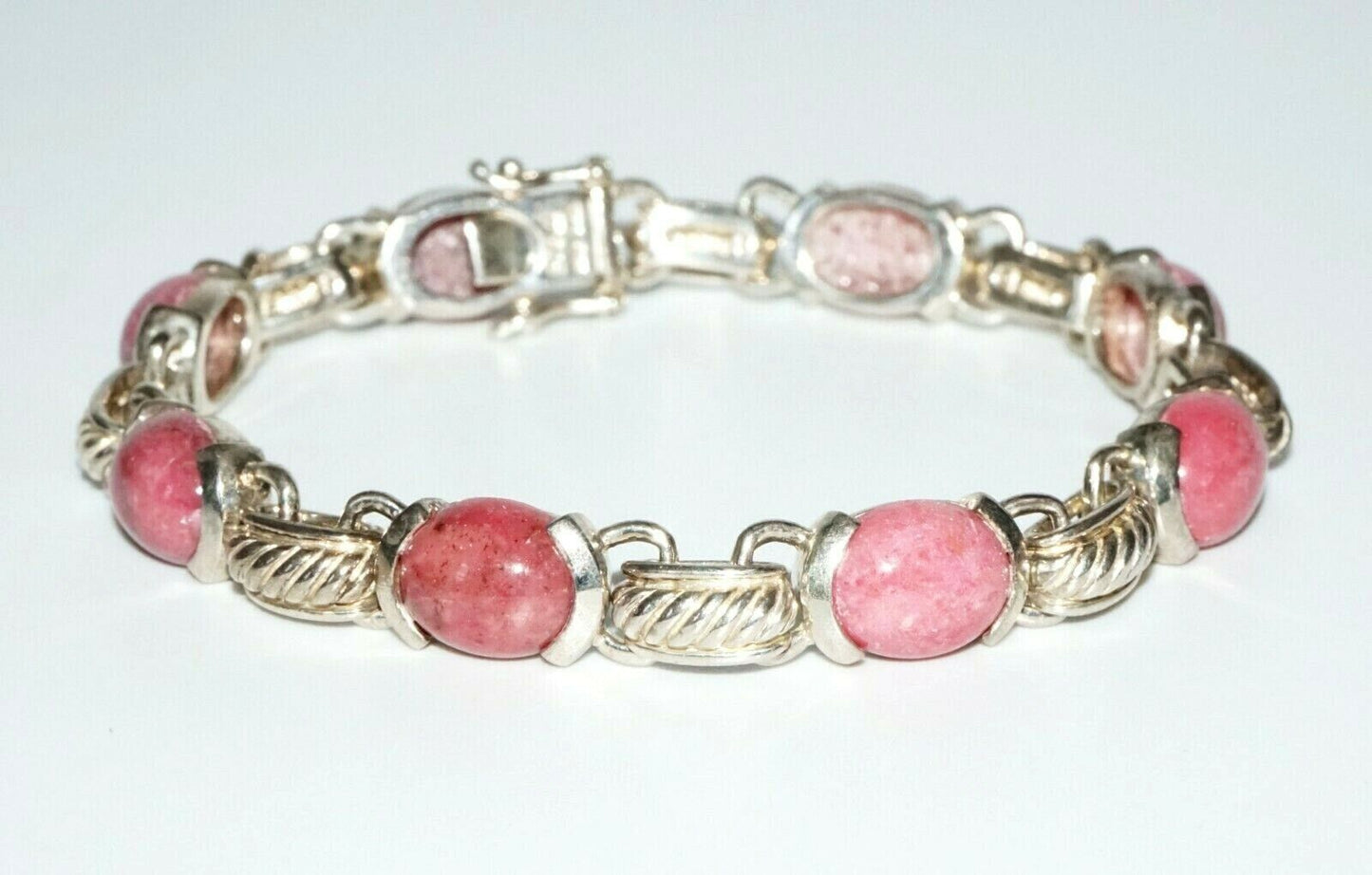 Vintage Hong Kong Sterling Silver Bracelet w 8x Oval Rhodonite Accents (SaR)#204