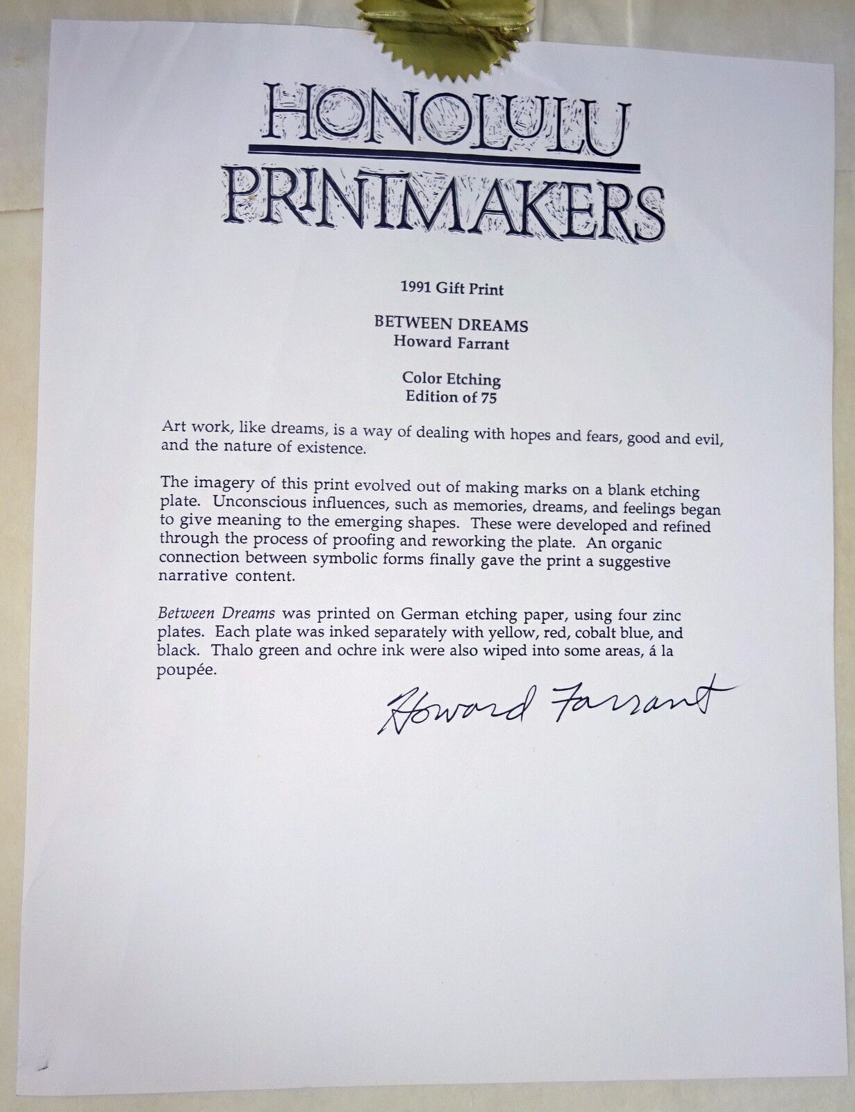 1991 Hawaii Color Etching "Between Dreams" by Howard Farrant (Ahb)