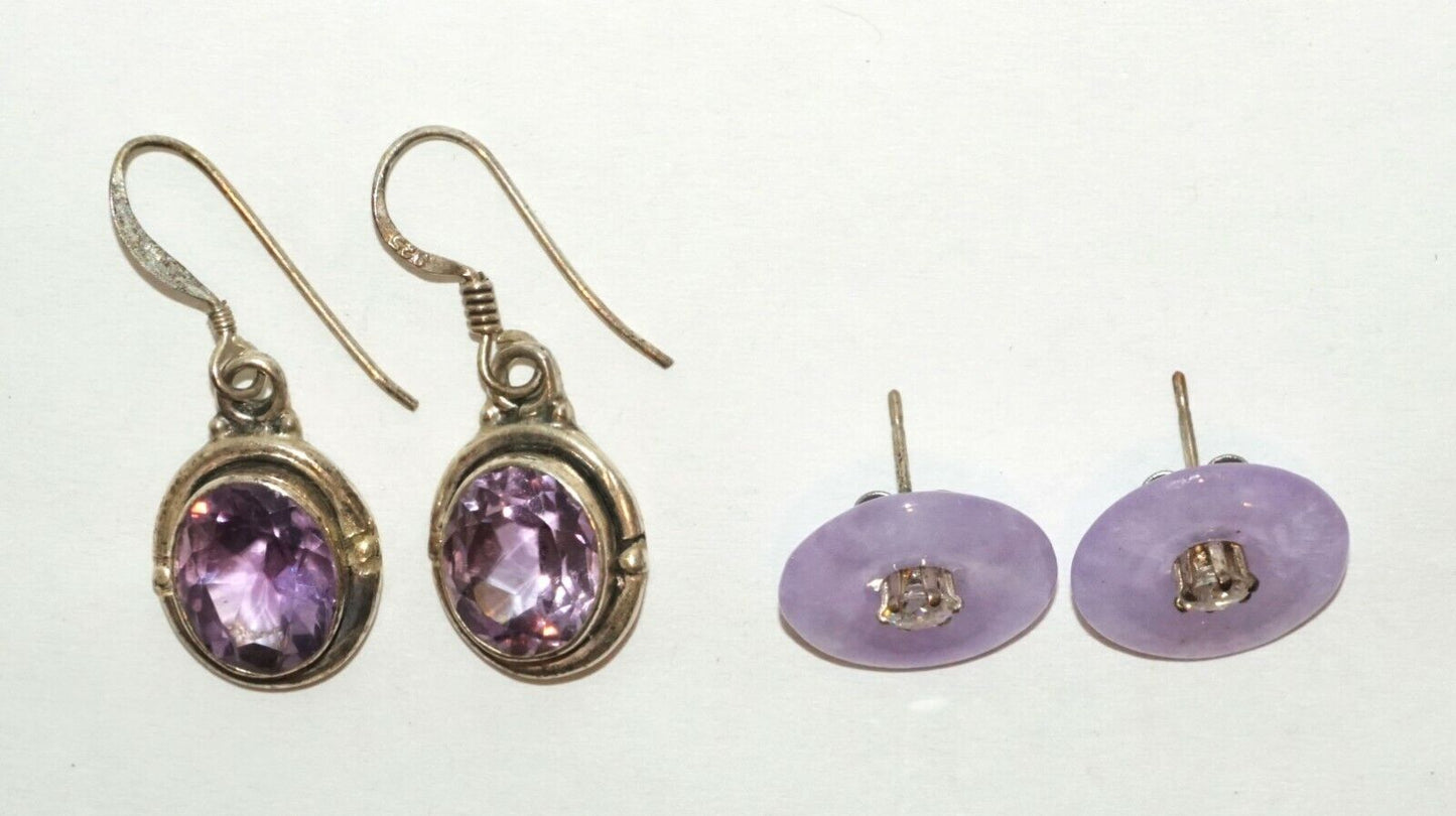 2xPairs Modern Silver Earrings w. Amethysts and Lavender Jade & CZ (HaL)#24