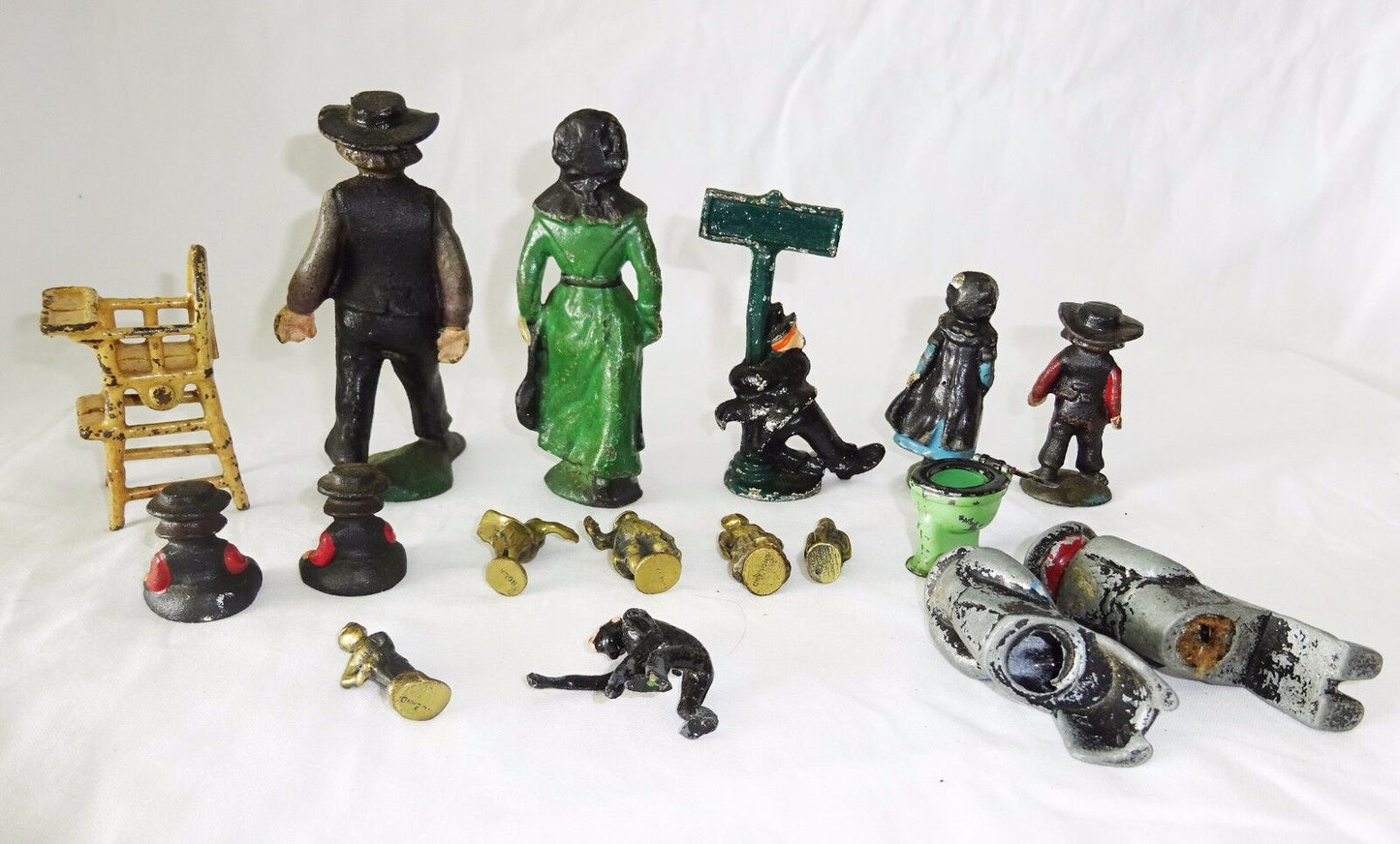 17x Antique Enameled Lead + Brass Figures & Furniture (Mal)