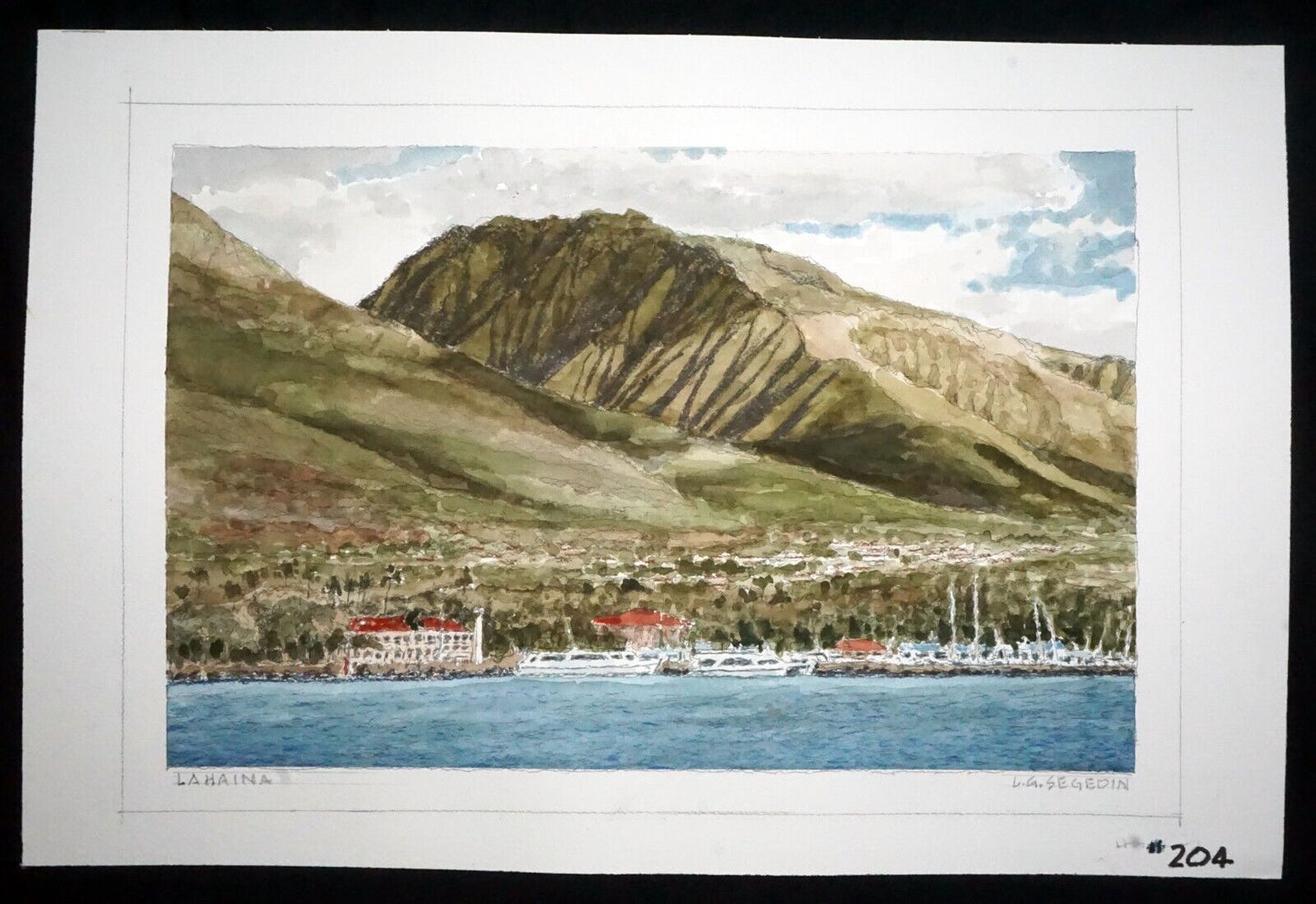 Hawaii Watercolor Painting Lahaina Maui & Boat harbor by Larry Segedin #204