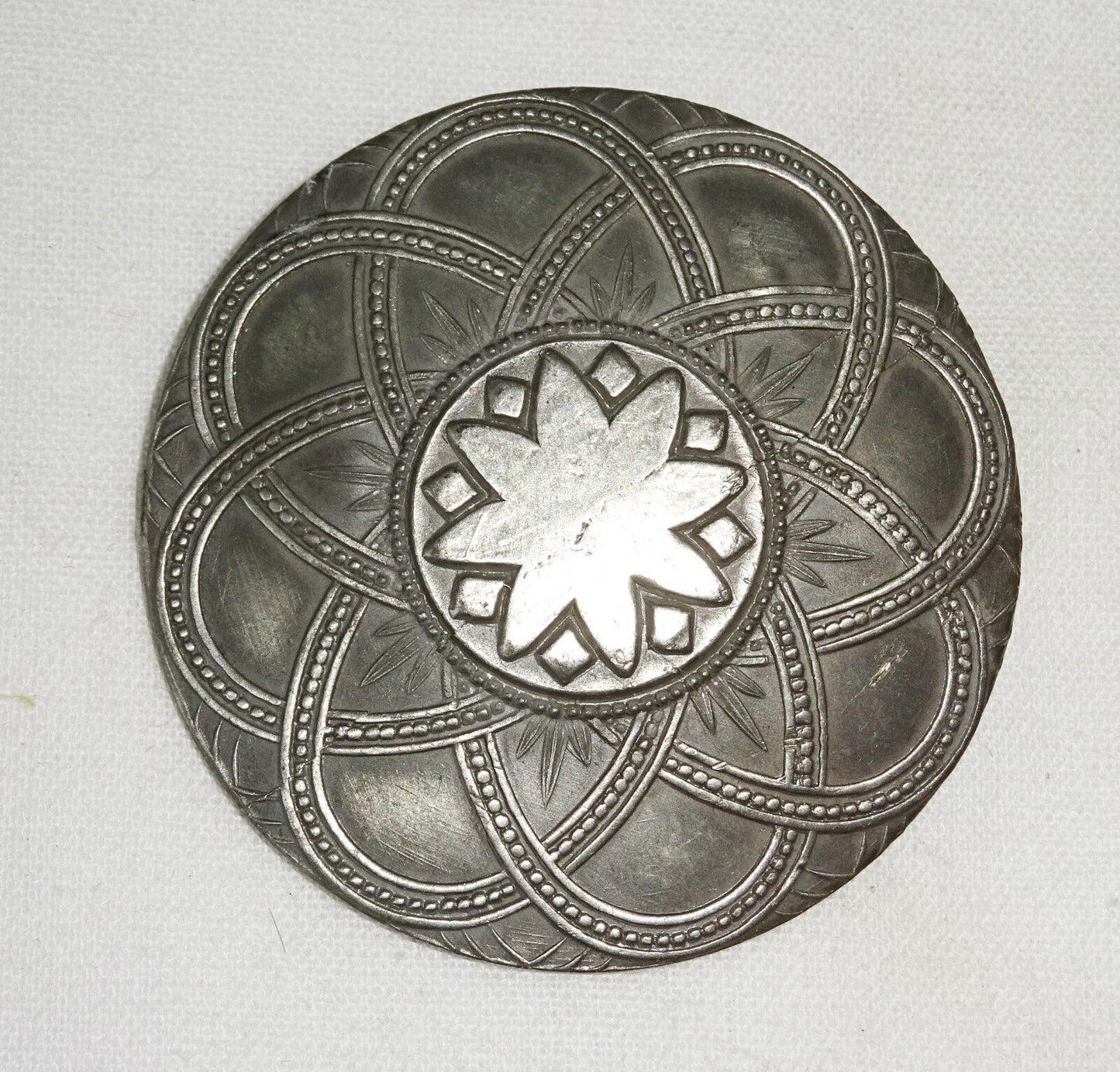 Vintage Norway Pewter Circular Brooch Pin w. Star & Curvilinear Motifs (***)