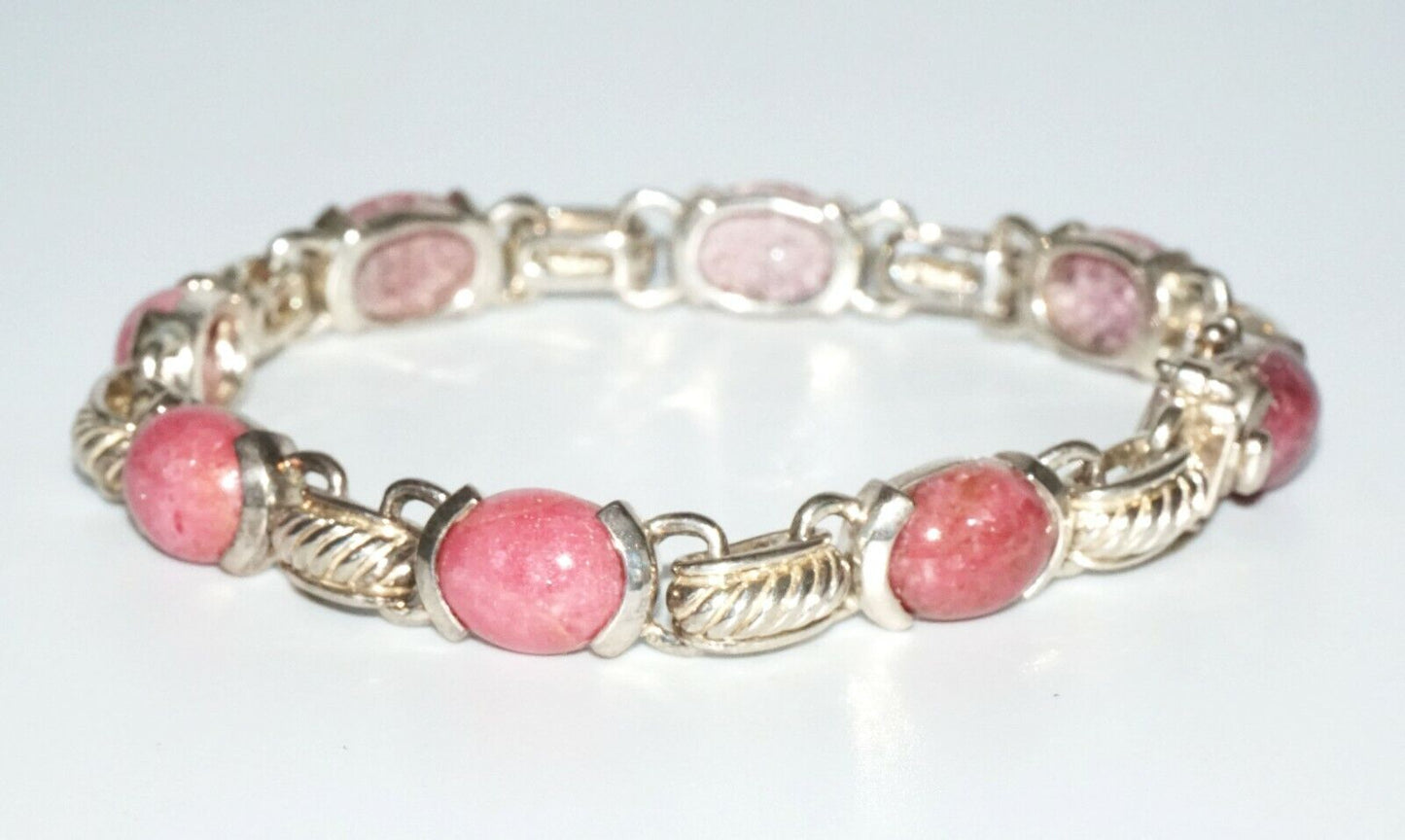 Vintage Hong Kong Sterling Silver Bracelet w 8x Oval Rhodonite Accents (SaR)#204