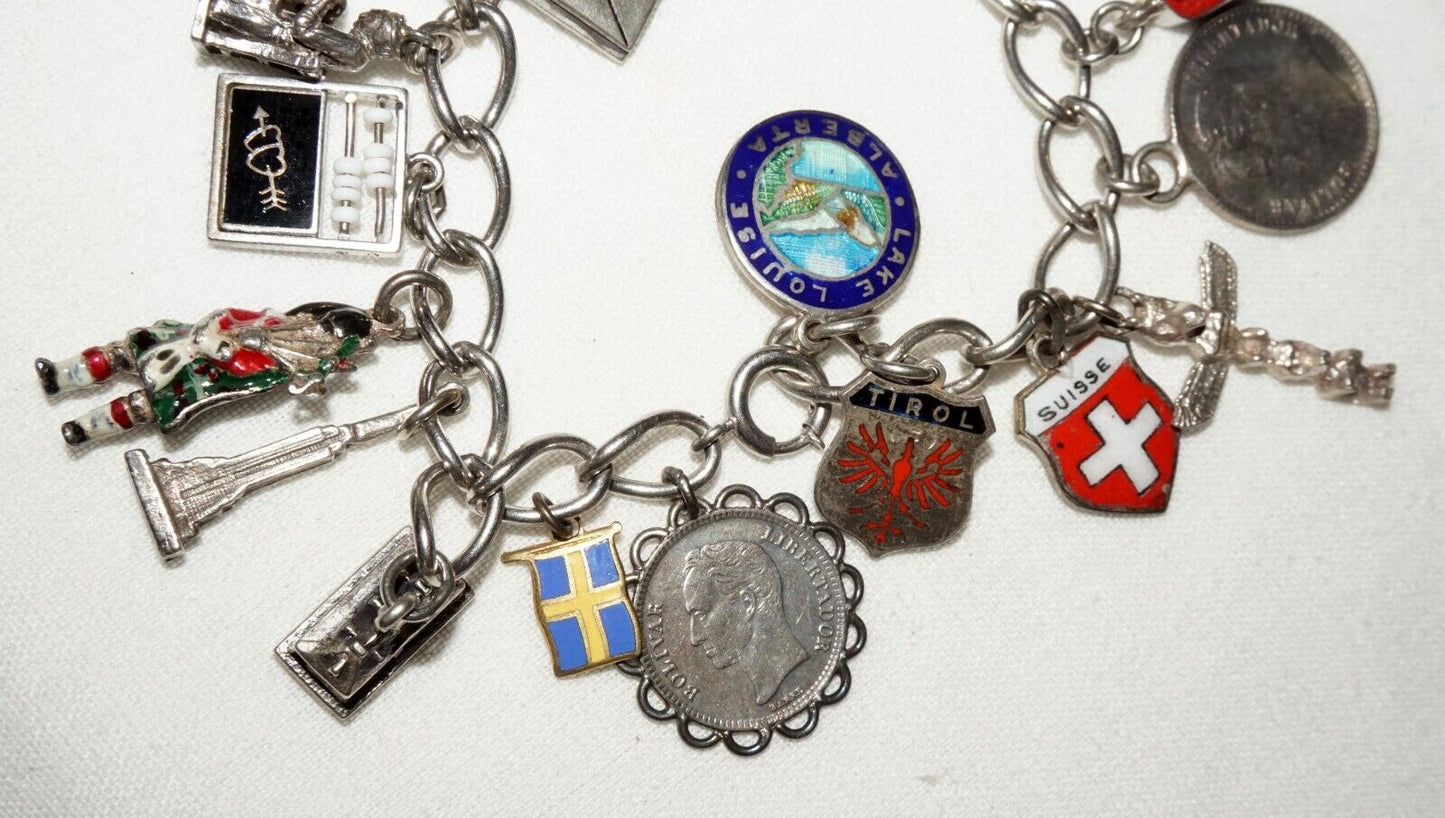 Vintage Sterling Silver 21x World Travel Charms Bracelet incl. Coins etc(KoS) L8