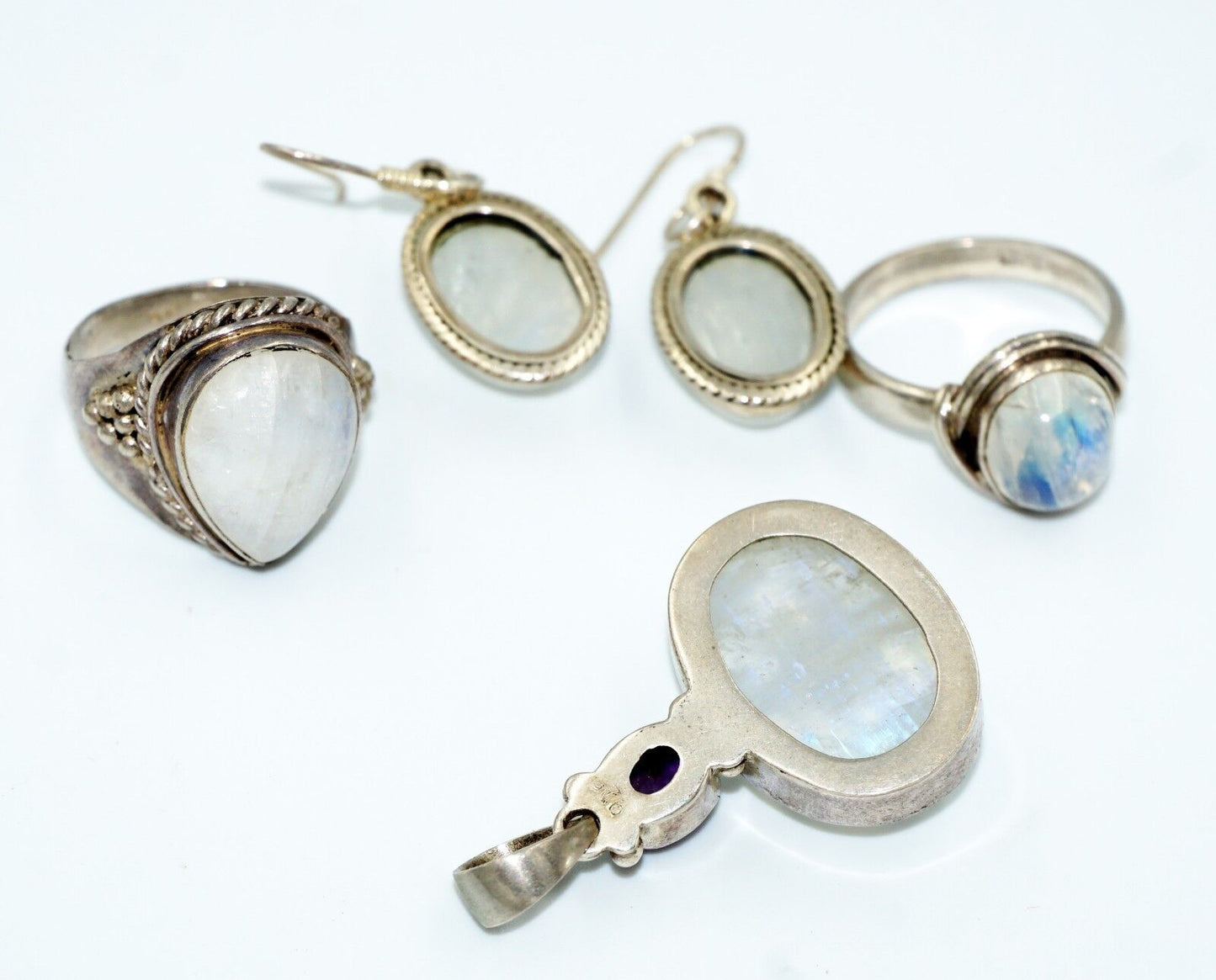 5Pc Sterling Silver & Moonstone Rings Sz.8, Pendant & Earring Mixed Group (Tra)