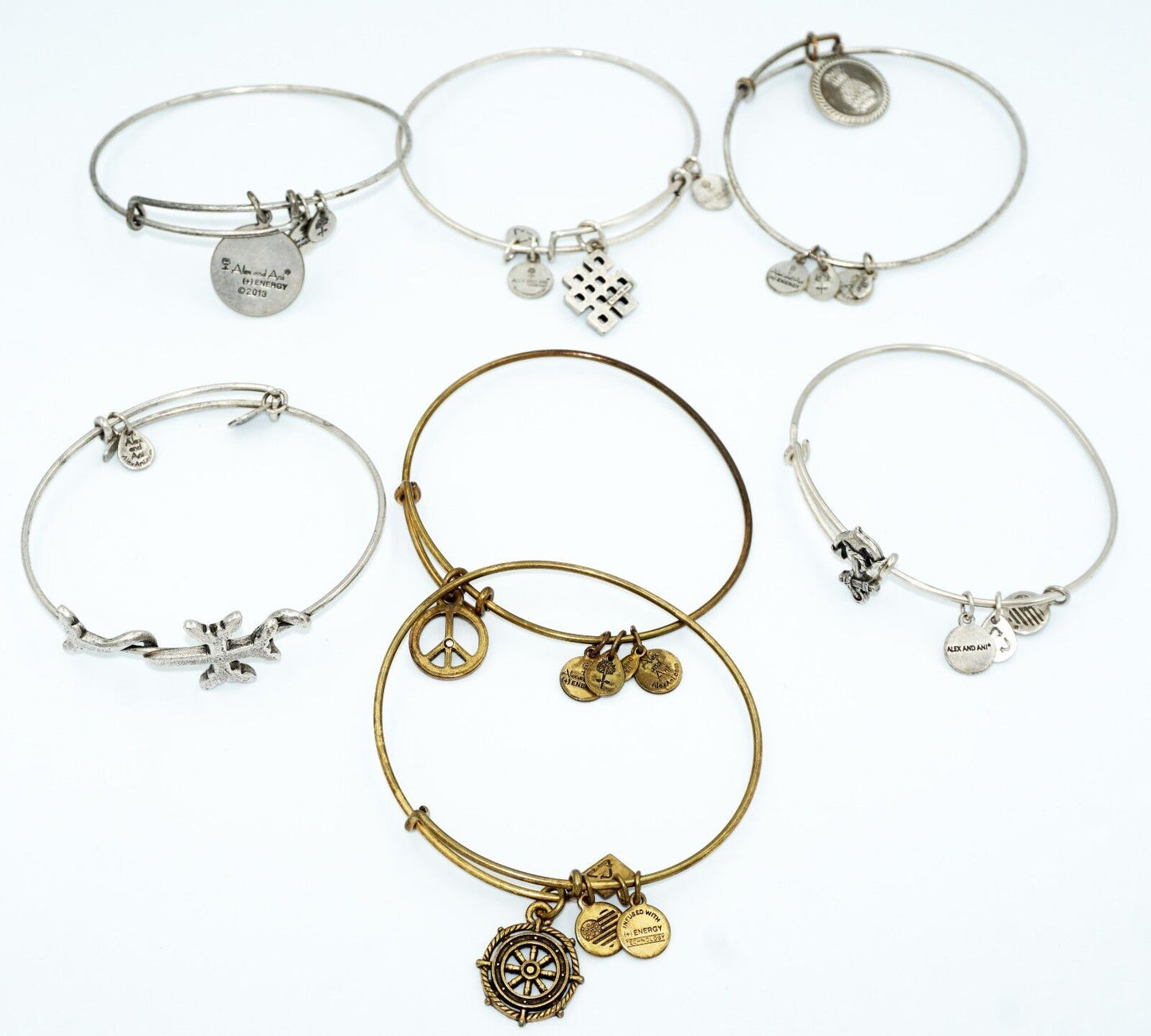 7x Alex and Ani Brand Mixed Lot Adjustable Bracelets w. Cross & Peace (Tra)