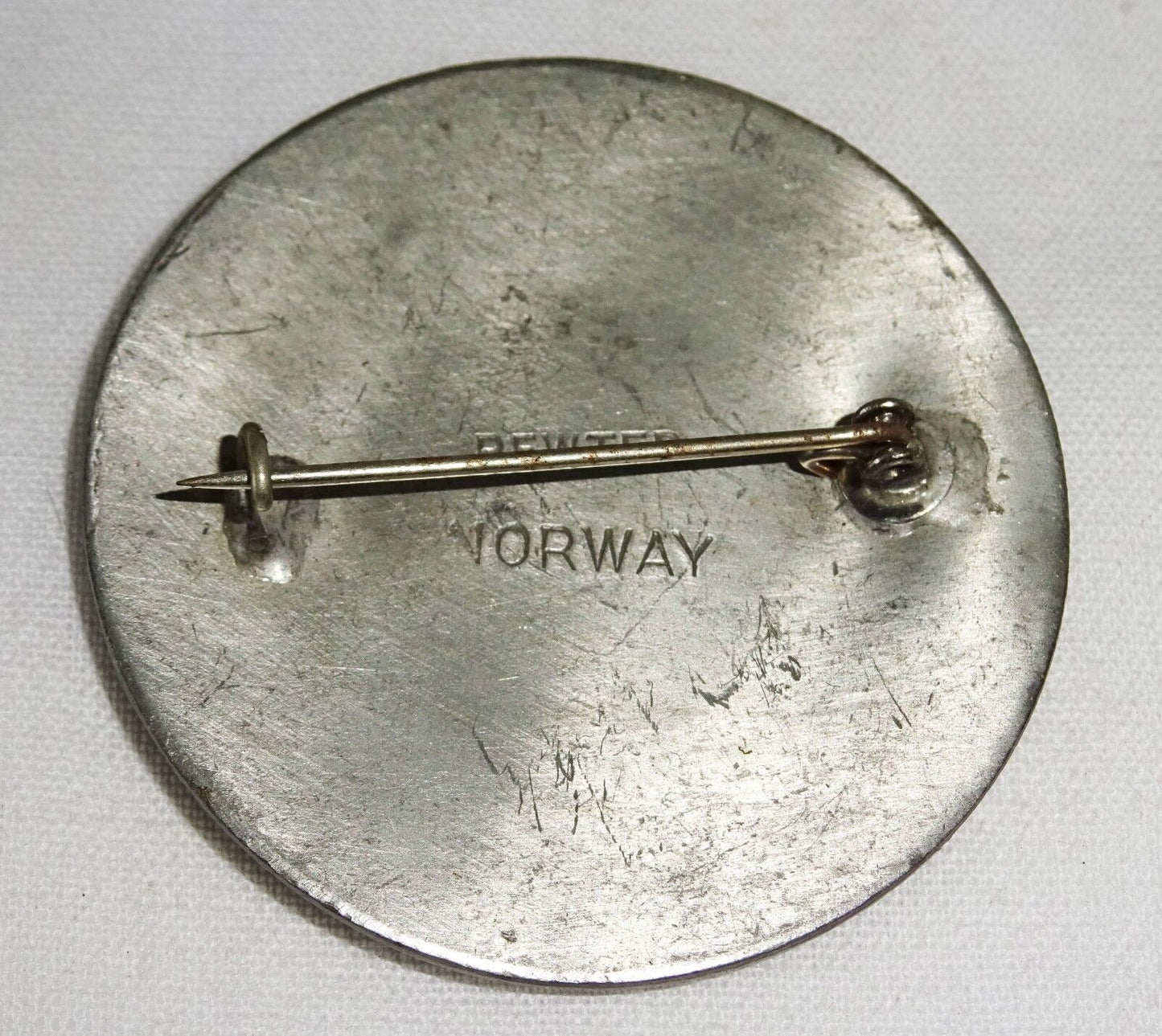 Vintage Norway Pewter Circular Brooch Pin w. Star & Curvilinear Motifs (***)