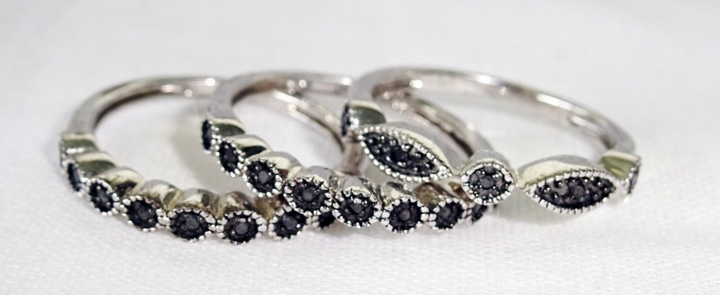 3x Vintage Sterling Silver Rings Sz 5.25 set w. Black Diamonds (Ng)