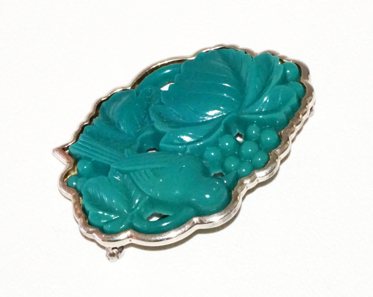 20 Chinese Sterling Silver Set Turquoise-like Bird & Leaf Motif Brooch (RgR
