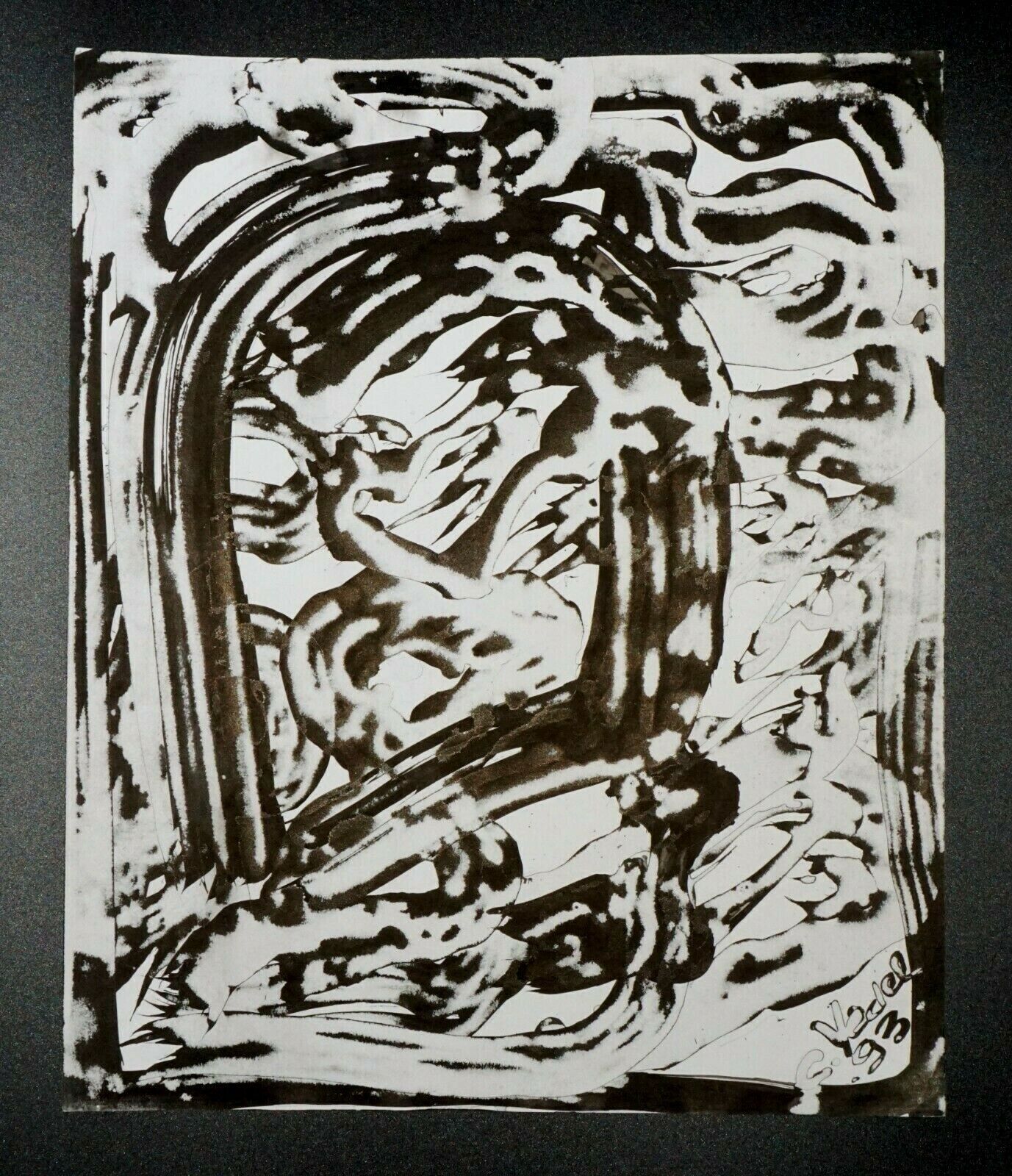 France Hawaii Outsider Art Surreal Face Ink Painting by Claude Vedel (EtJ)#26