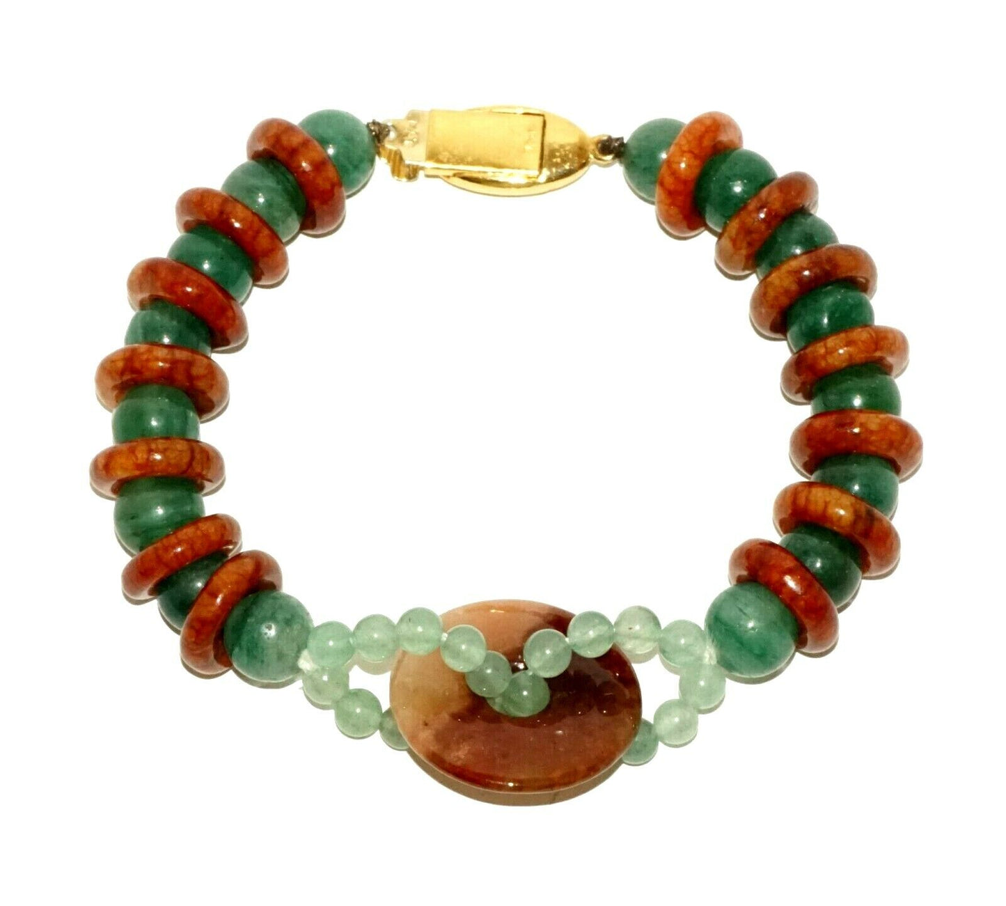 Vintage Chinese Red & Green Jadeite Jade Bead Bracelet w. Base Clasp (LeP)#13