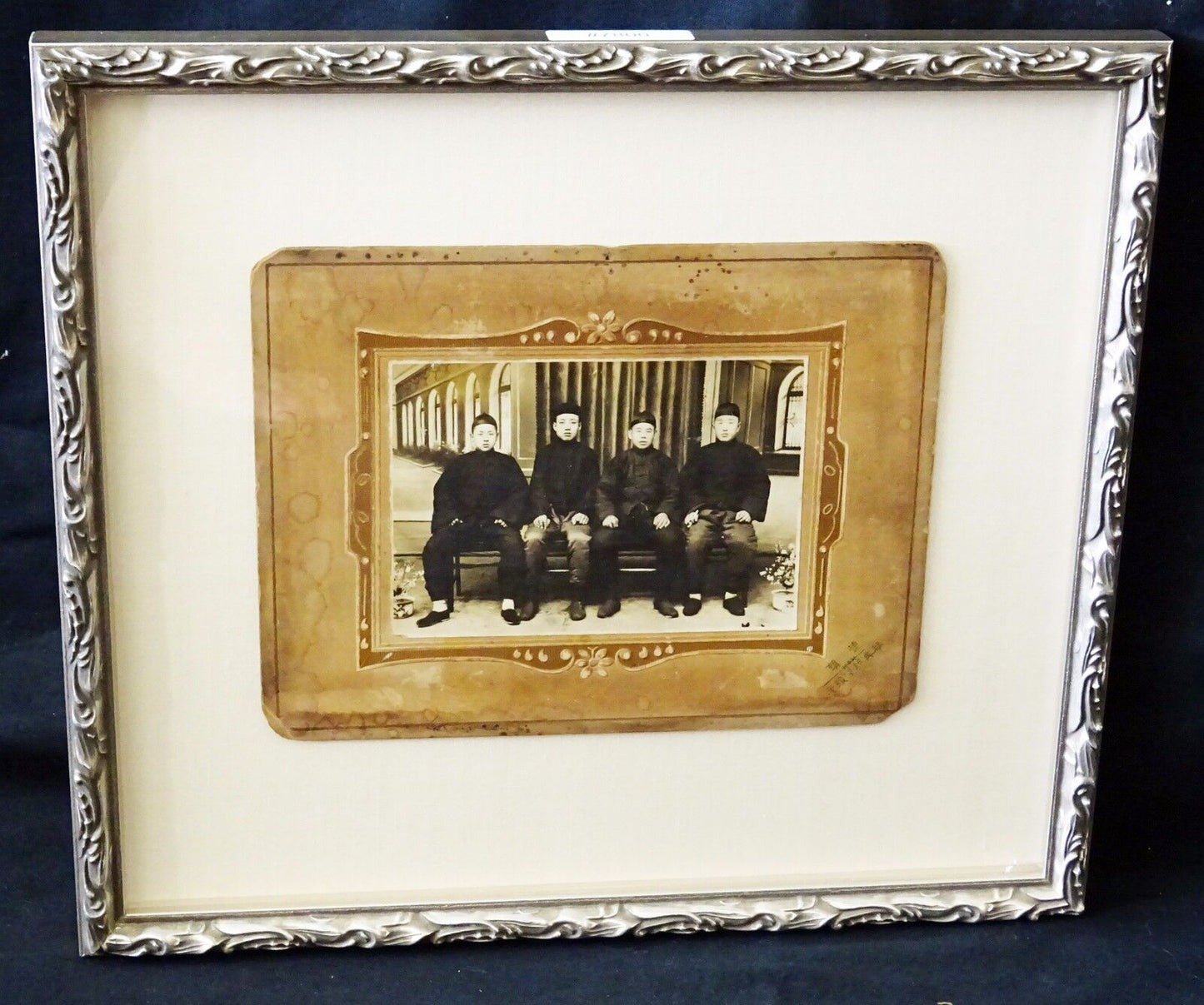 1900 Chinese Framed B&W Photo "Four Seated Young Men" by marked (Mil) #7800