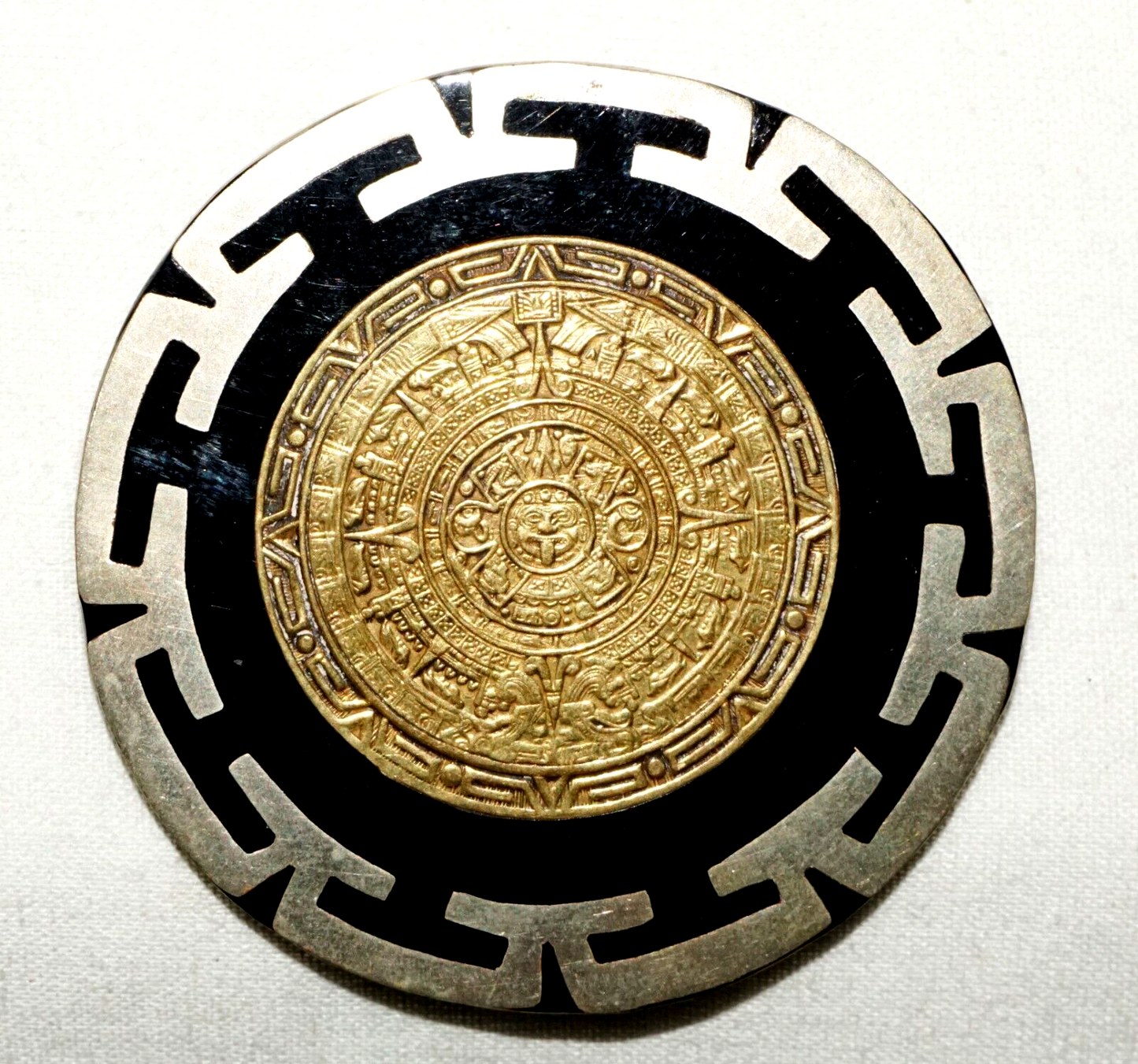 Vintage Mexico Alpaca Silver & Gold Mayan Calendar Plaque Brooch Pin (LeS)L24