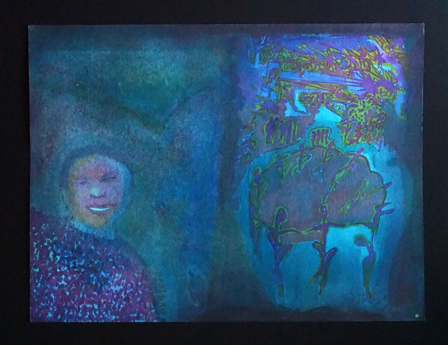 France Hawaii Outsider Art WC Painting Dark Figure & Dance Claude Vedel (EtJ)#14
