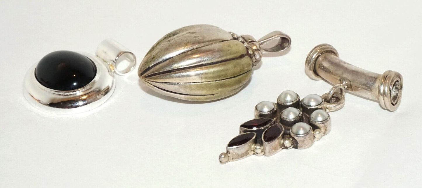 3Pc Vintage Sterling Silver Pendant Lot w. Garnets, Pearls & Onyx (HaL)#16