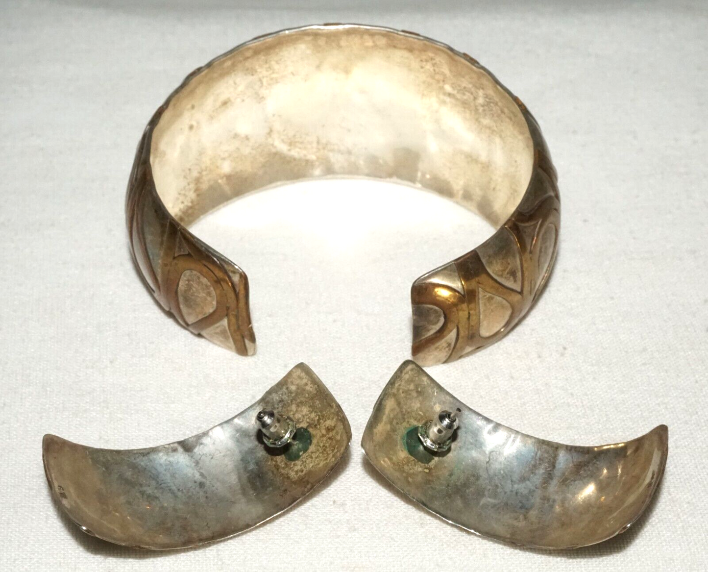 3Pc Vintage Silver & Brass Curvilinear Motif Cuff Bracelet & Earring by GM (KiL)
